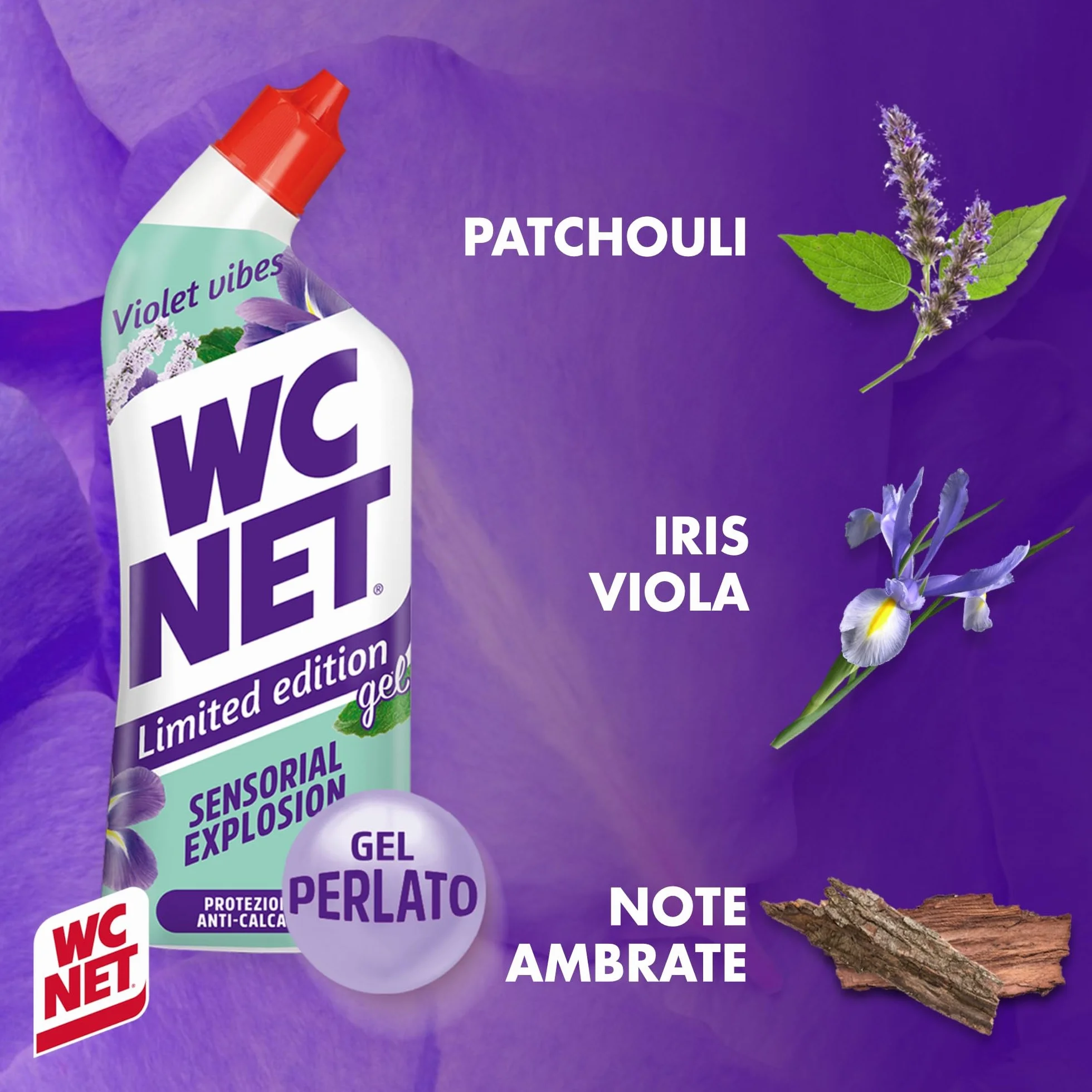Wc Net Detergente Liquido per Sanitari Essenza Iris Viola e Patchouli Prevenzione Calcare 700 ml x 4 Confezioni