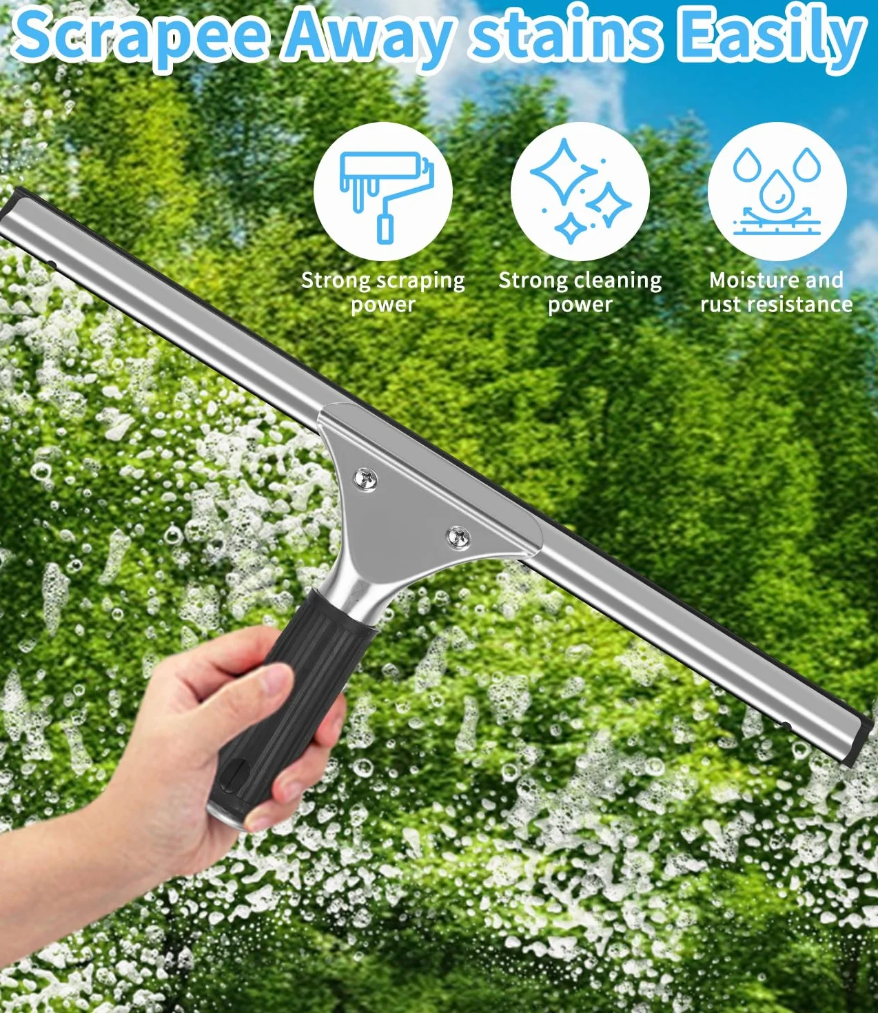 Kit Lavavetri Professionale 8 Pezzi, 35cm Tergivetro Acciaio Inox e Silicone, Pulizia Finestre con Ganci