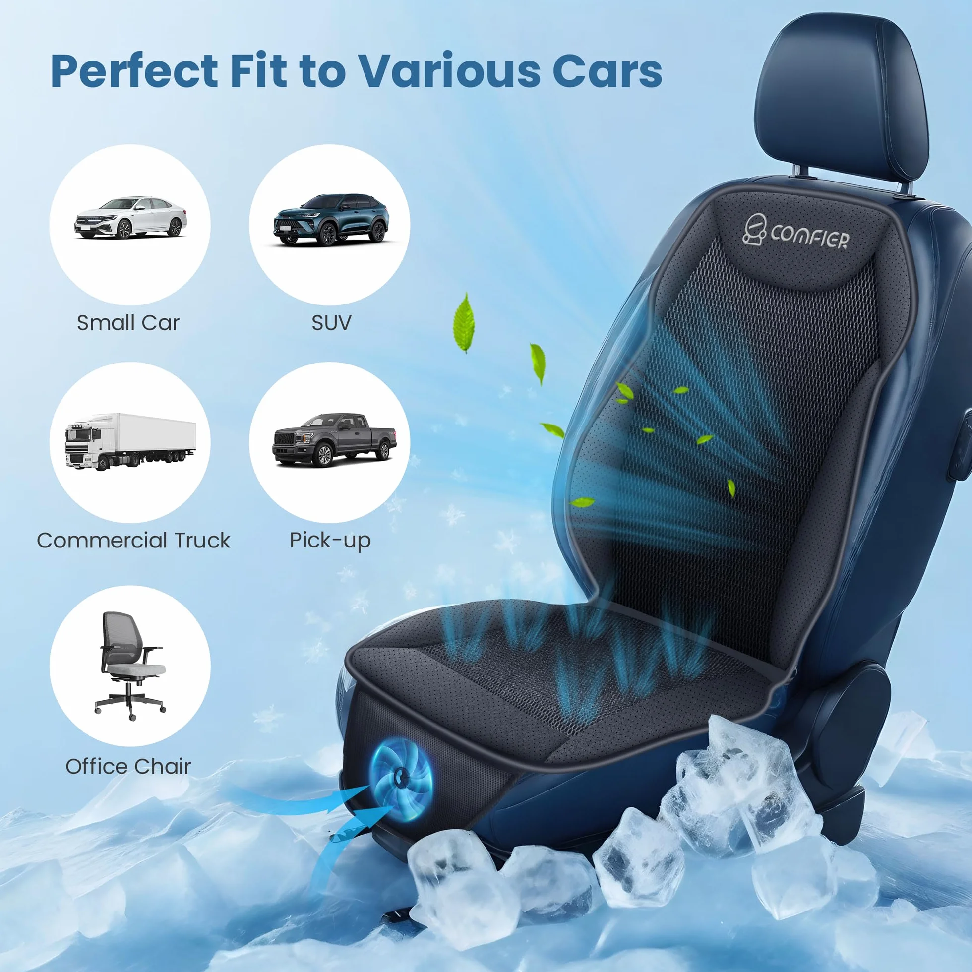COMFIER Cuscino Rinfrescante per Sedile Auto 12V Coprisedile Ventilato Regolabile Nero Universale
