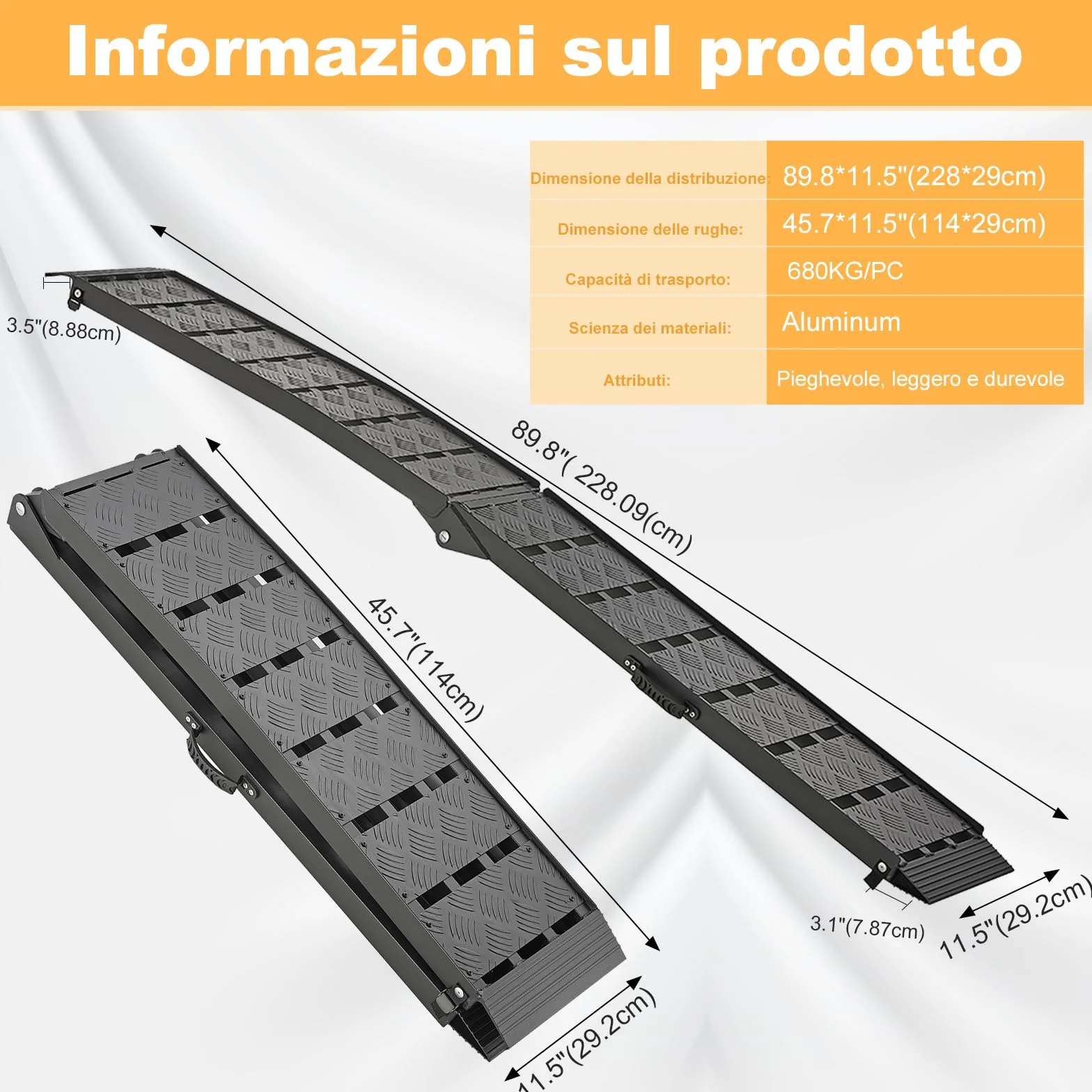 gardhom Rampa Moto Robusta Pieghevole 340Kg Alluminio Rampe per Auto Portatile 228X28X4.5cm Rampe Di Carico per Adatta A Tosaerba, Biciclette e Quad