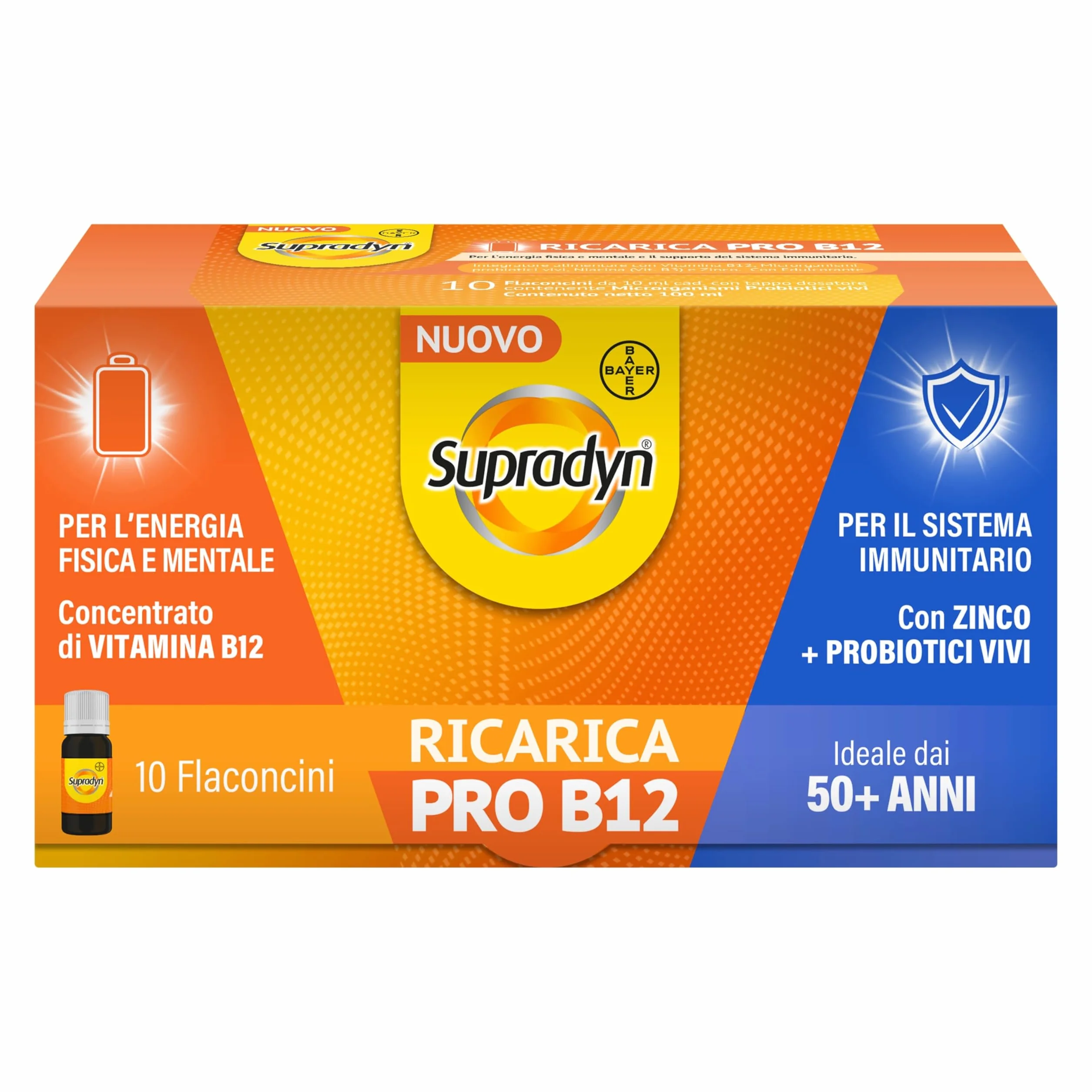 Supradyn Ricarica PRO B12 integratore vitamina B12 zinco probiotici stanchezza fisica mentale supporto immunitario adulti 50+ 10 flaconcini