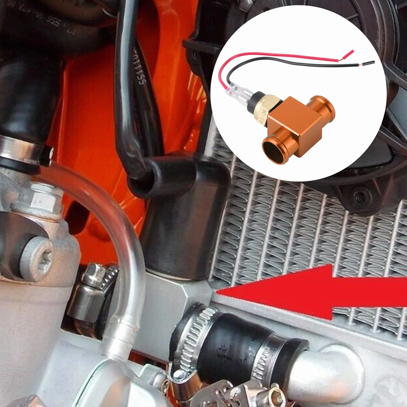 Interruttore di temperatura, termostato in lega di alluminio Interruttore temperatura acqua Radiatore Sensore temperatura ventola refrigerante Sensori temperatura per moto ATV Fuoristrada(arancia)