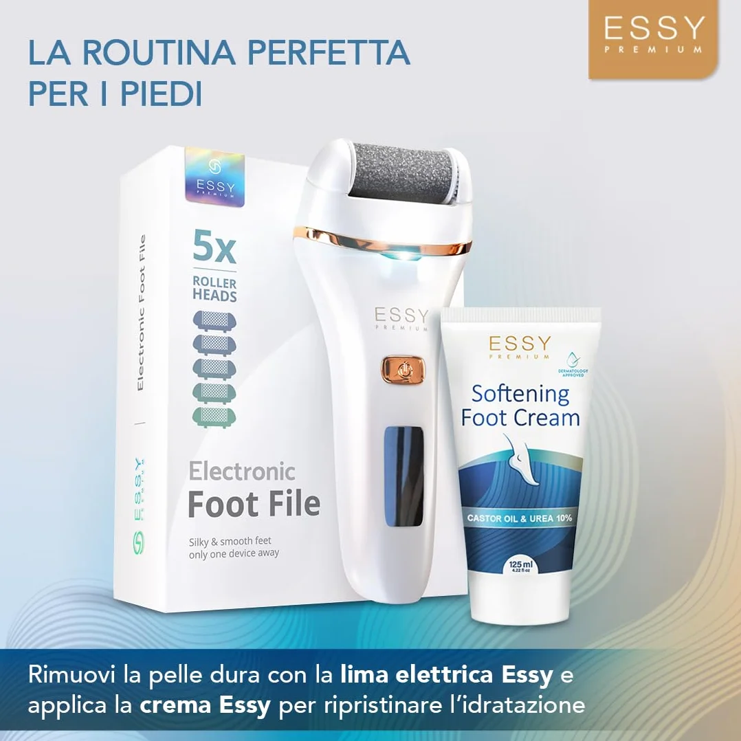 Essy Levigatore Elettrico per Piedi con 5 Rulli di Ricambio, Lima Ricaricabile per Rimozione Calli, 2 Velocità, Display LED, Ricarica USB, Kit Pedicure Bianco