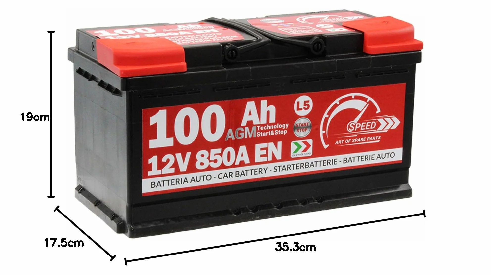 SMC bateria Auto Speed 100Ah AGM 850A L5 Start Stop polo positivo a destra 353x175x190mm
