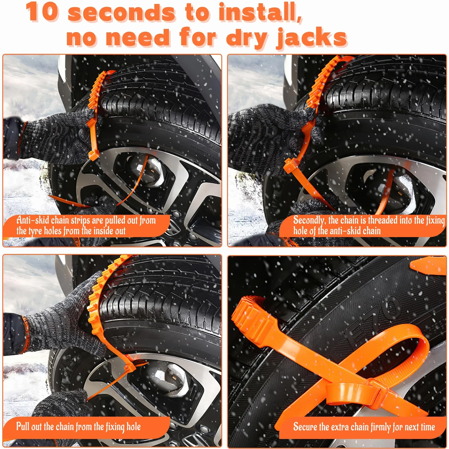 Catene da Neve Universali Antiscivolo 10 Pezzi per Auto Camion SUV Arancione