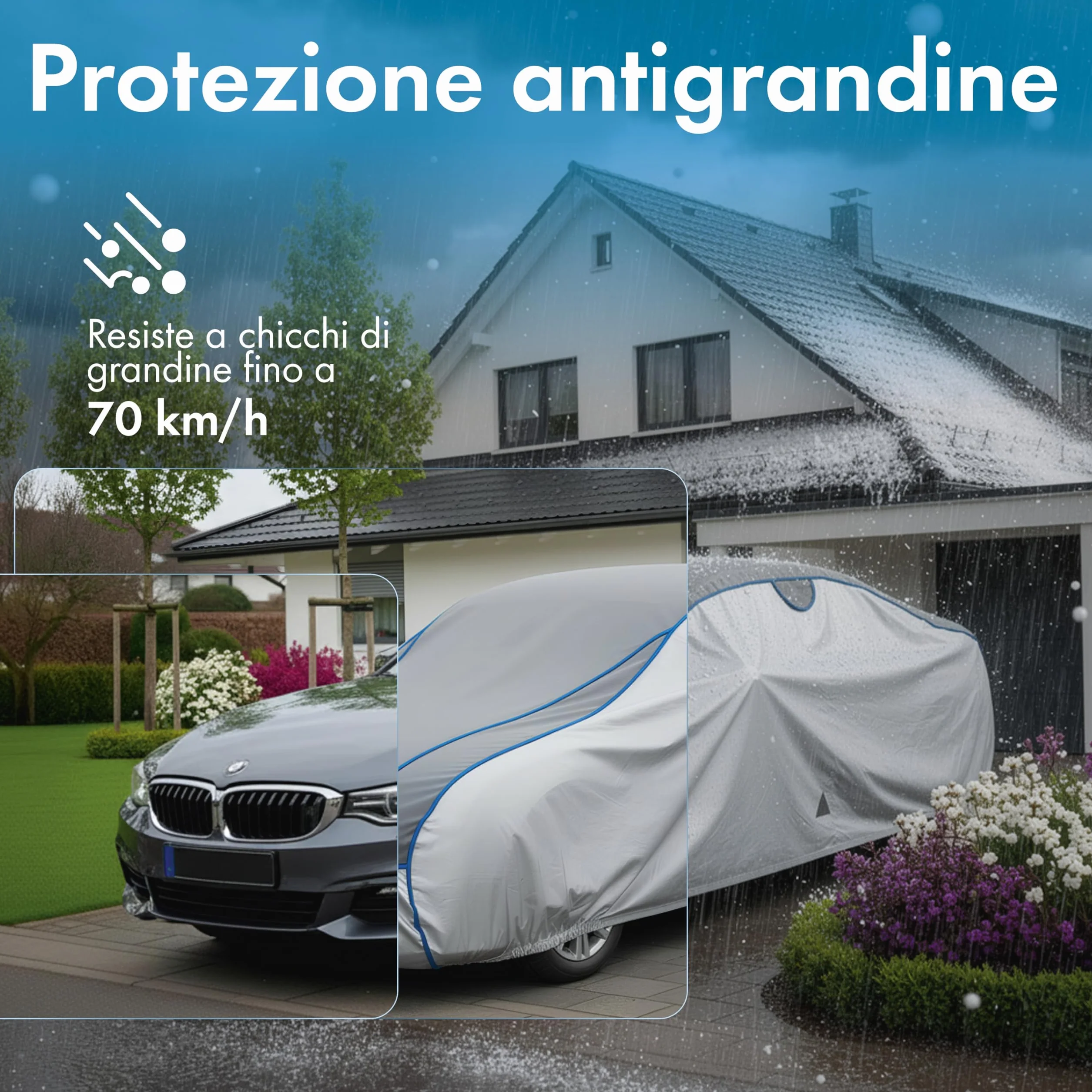 WALSER telo copriauto antigrandine, copertura antigrandine auto, copertura auto idrorepellente, copriauto completo per esterni, telo rivestimento veicolo veicolo M lunghezza max. 401-425 cm