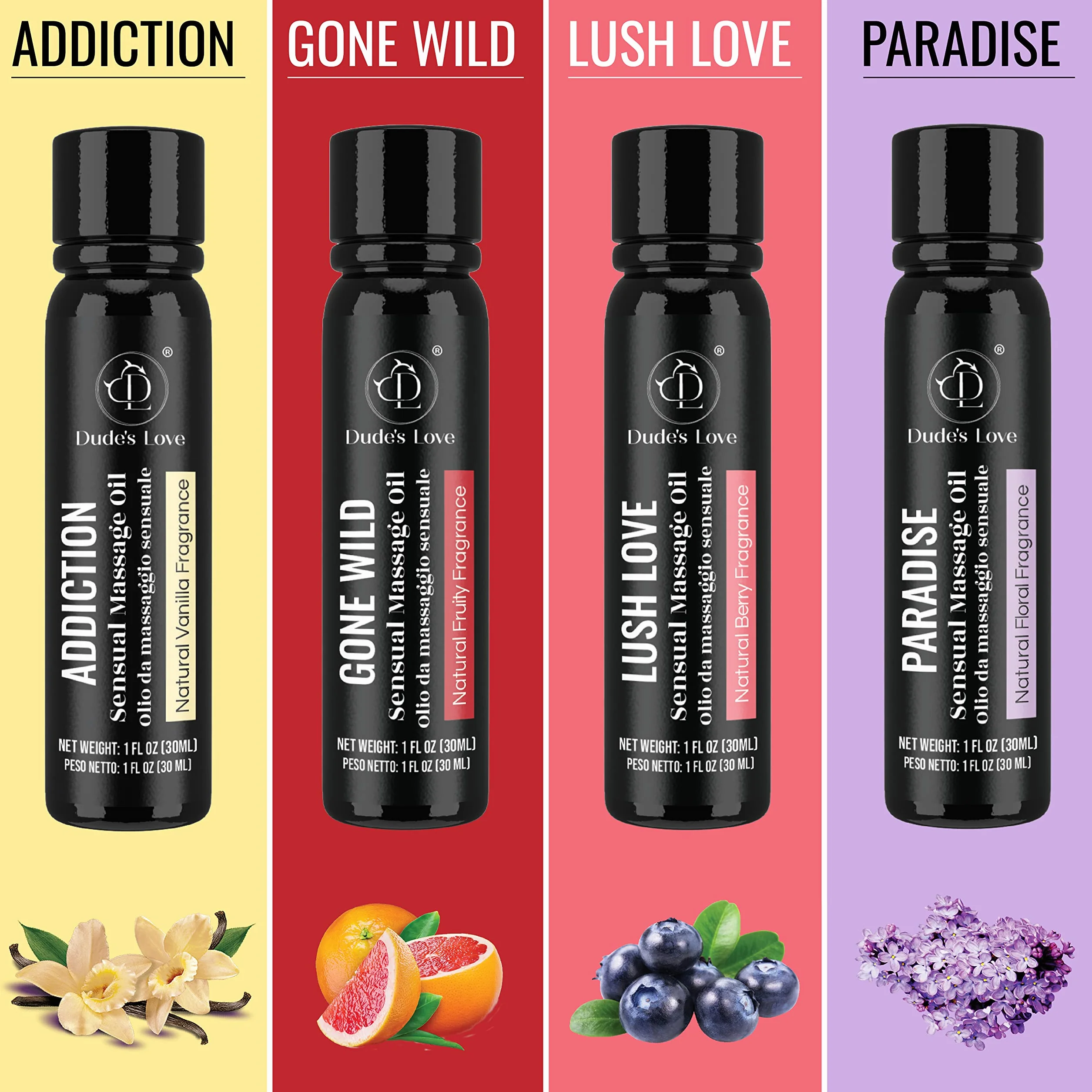 Set regalo olio da massaggio sensuale commestibile aromatico per tutto il corpo 120 ml
