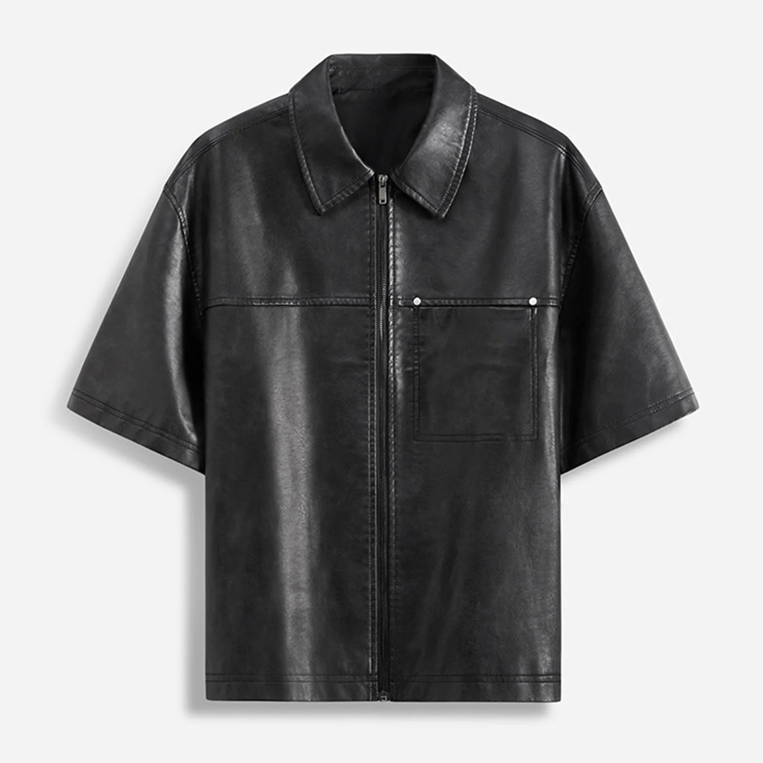 Giacca in pelle uomo maniche corte poliuretano slim fit effetto bagnato tasche petto