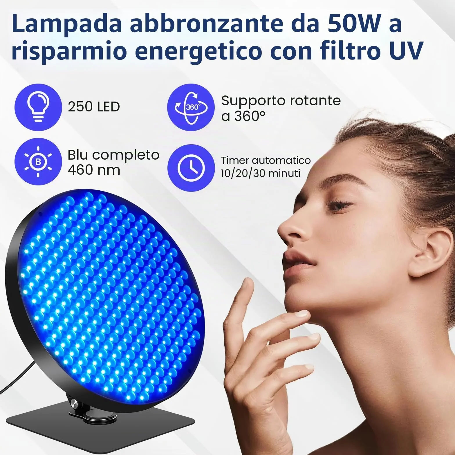 Lampada Abbronzante Viso 50W Solarium 250 LEDs Temporizzato con Occhiali