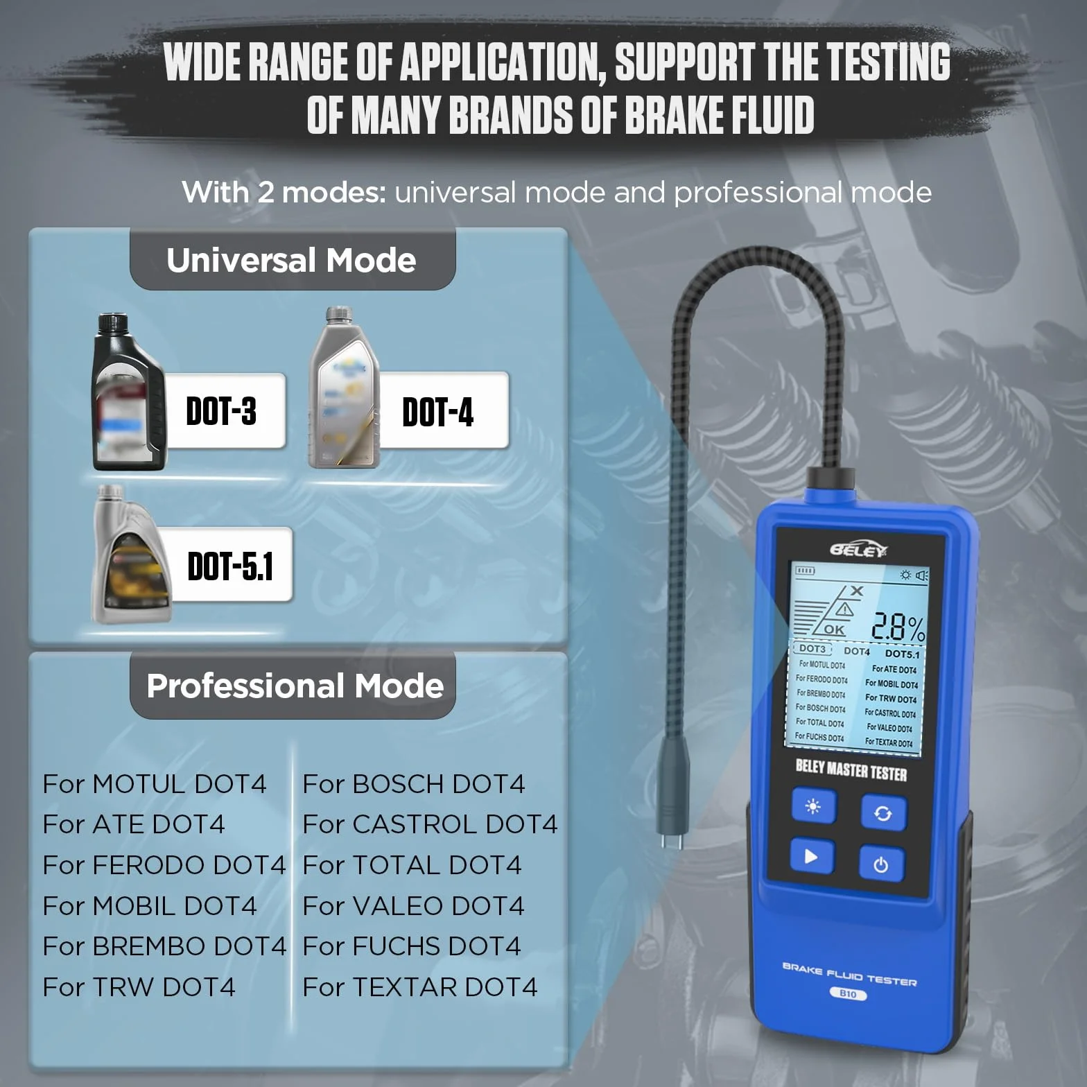 BELEY Tester del Liquido dei Freni per Auto, con Schermo LCD Retroilluminato e Analizzatore di umidità dell'olio con Sonda ad Alta Precisione per Rilevatore Liquido dei Freni DOT3 DOT4 DOT5.1 (Blu)