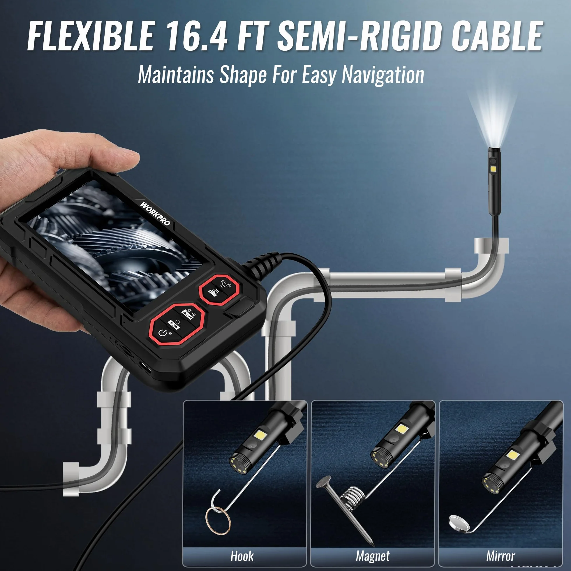WORKPRO Endoscopio 4.3" HD 1080P IP67 Impermeabile 8+1 LED Sonda 8mm Cavo Semirigido 5m Ispezione