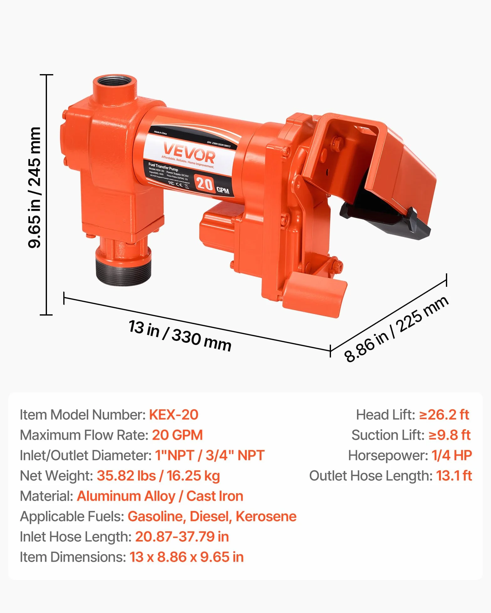 VEVOR Pompa di Trasferimento Carburante 12V CC 20 GPM 1/4 CV per Diesel Benzina Cherosene