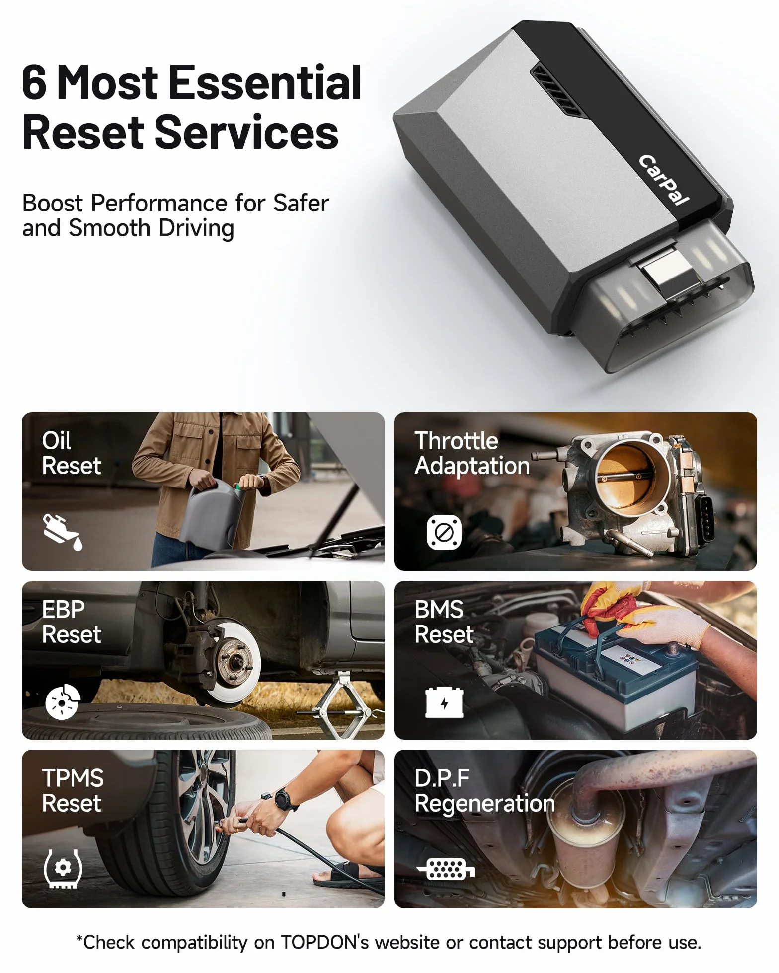 TOPDON CarPal OBD2 Bluetooth Scanner per iOS Android, Diagnostica Auto Completa, 6 Funzioni Reset, Controllo Smog