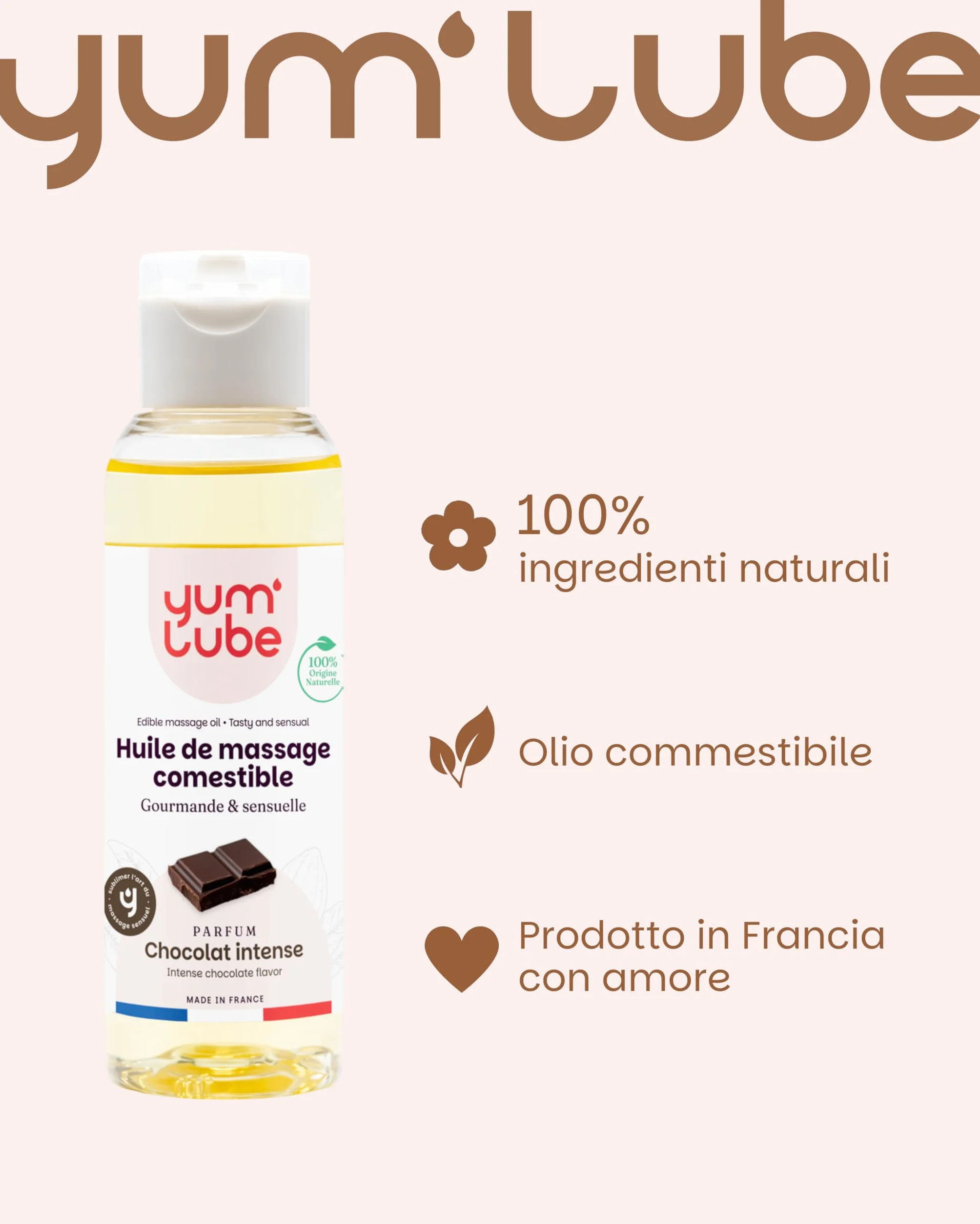 Yum'Lube Olio Massaggio Sensuale E Lubrificante al Cioccolato 100% Naturale Bio Comestibile Made In France