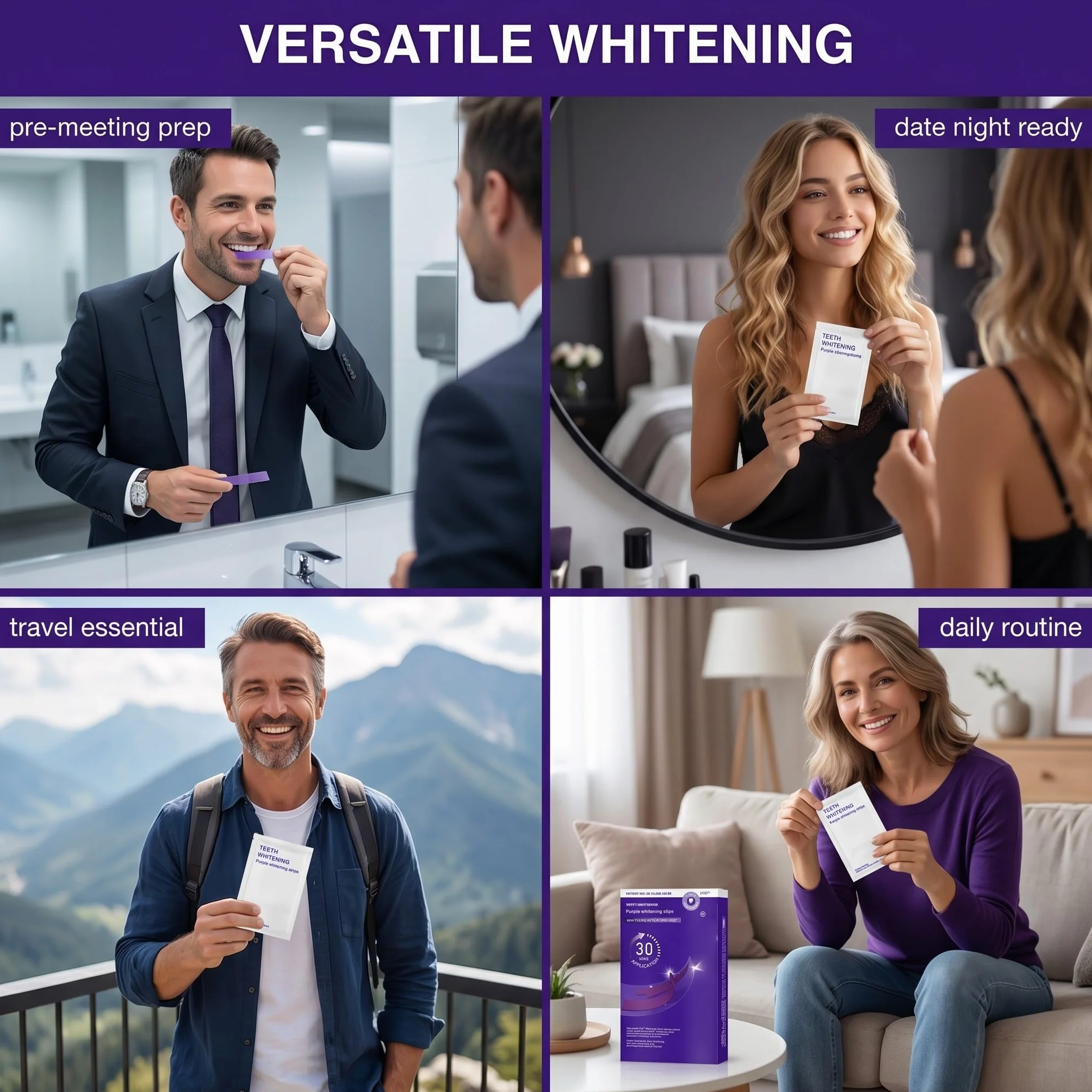 Strisce sbiancanti viola per denti, 14 pezzi, trattamento casalingo con aderenza flessibile