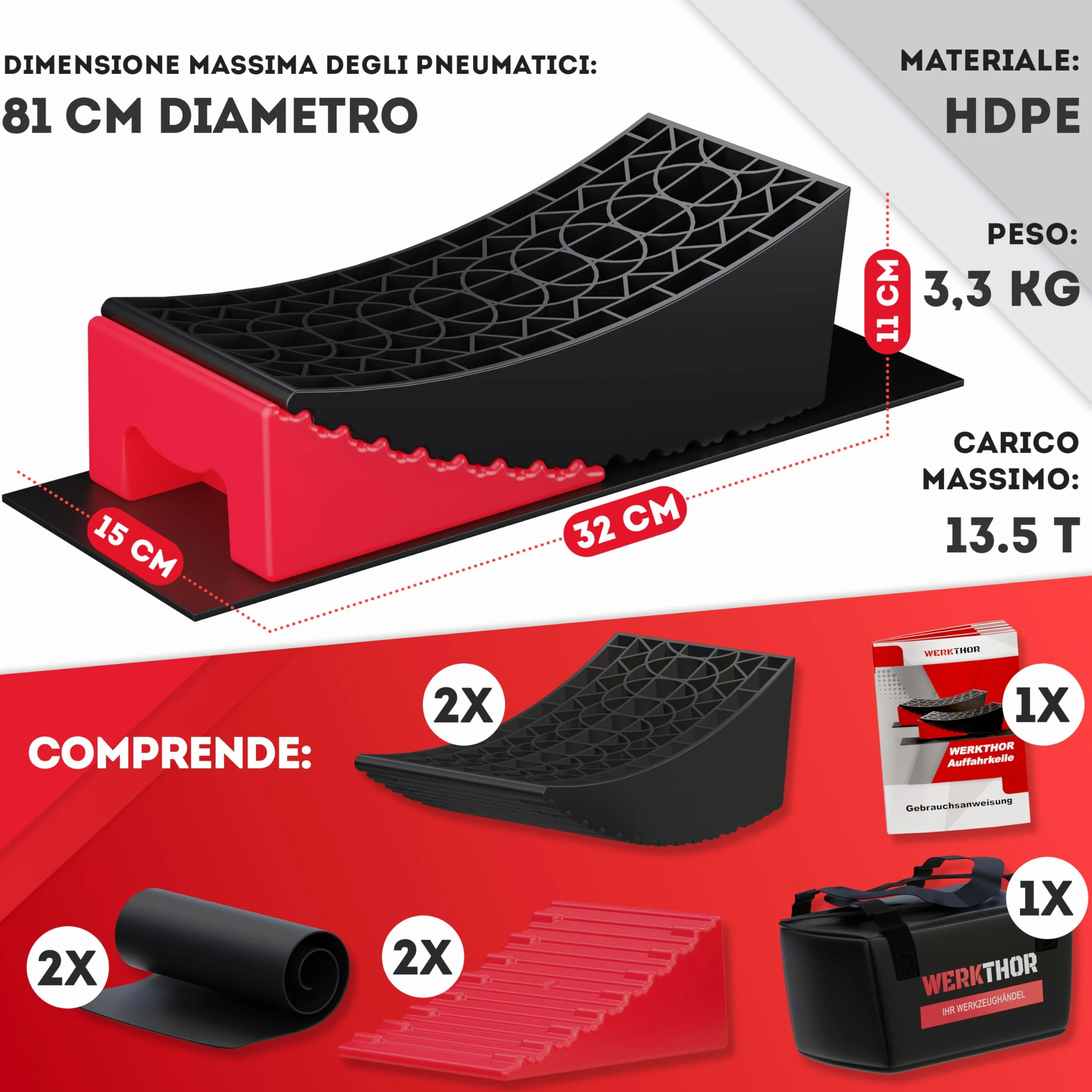 WERKTHOR Cunei per Camper Rosso Set di 2, Collaudati per Caravan e Rimorchi fino a 13,5t, con Borsa di Trasporto