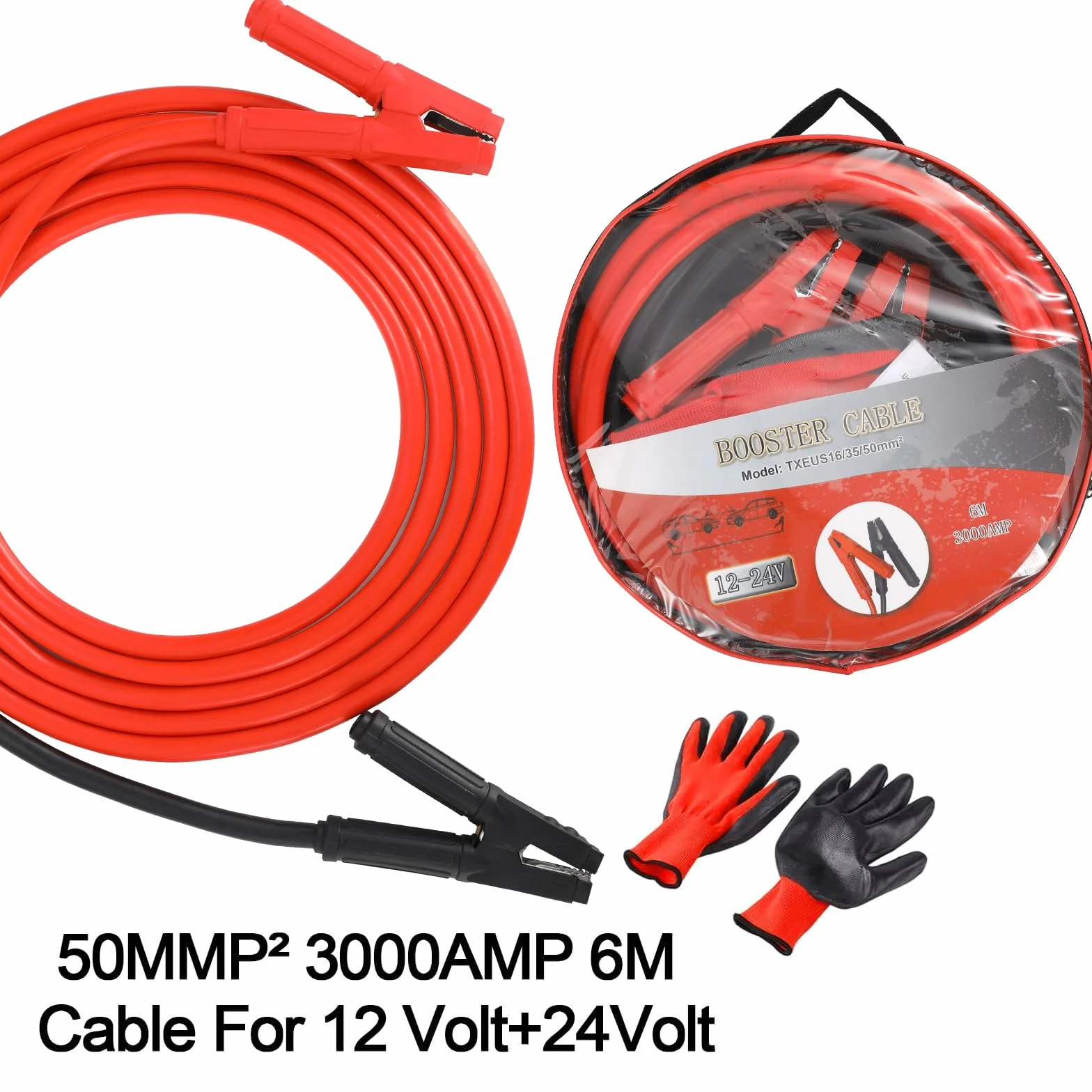 MAMIZO Cavo di avviamento, 6 m, 50 mm², 3000 A, cavo di avviamento, 12 V/24 V, avvio rapido, con guanti di protezione, per auto, camion (6 m)