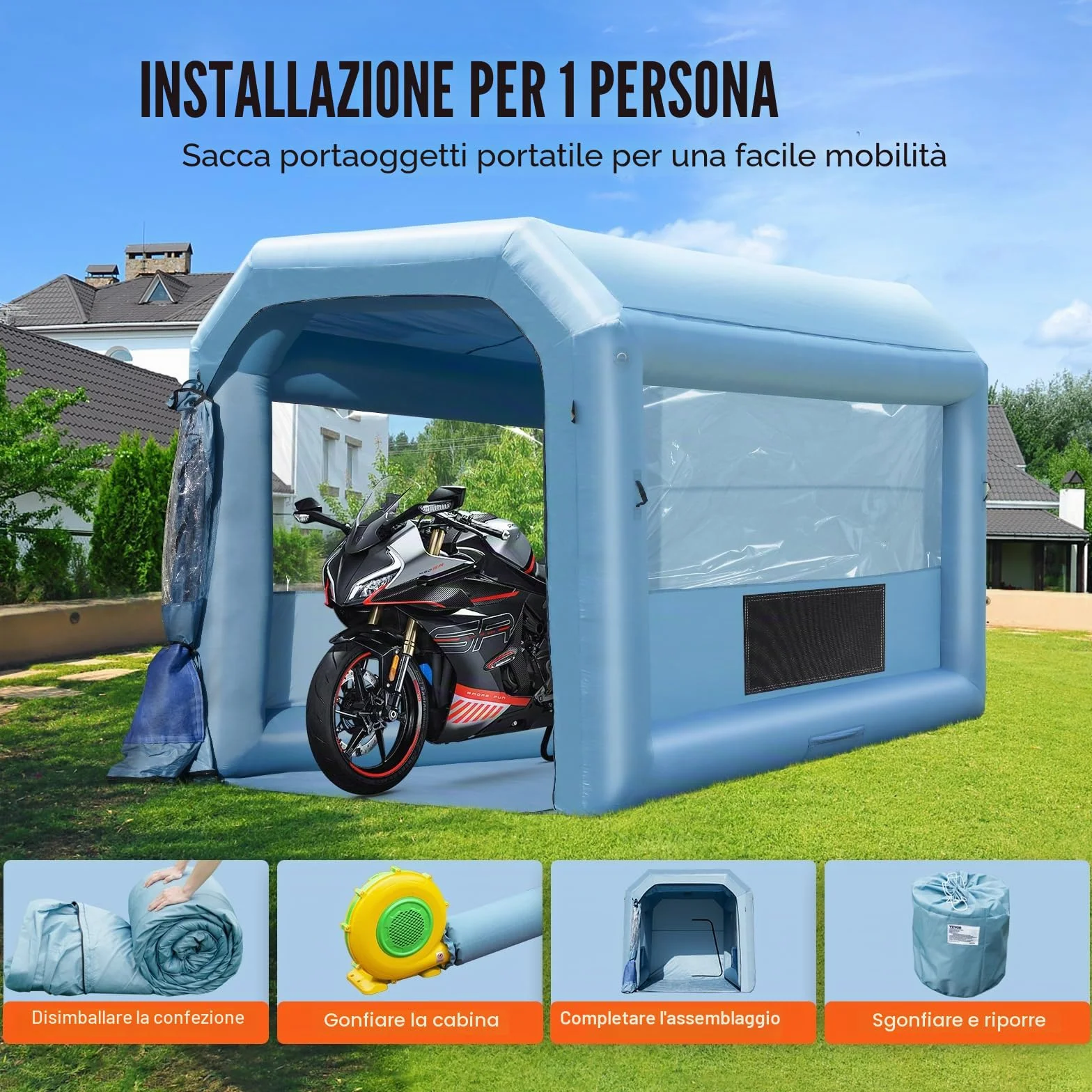 VEVOR Cabina di Verniciatura Gonfiabile, Tenda di Verniciatura Gonfiabile Portatile Potente Ventilatore, Sistema di Filtro dell'Aria, Verniciatura per Auto Veicoli e Mobili 4 x 3 x 2,75 m, 750 W