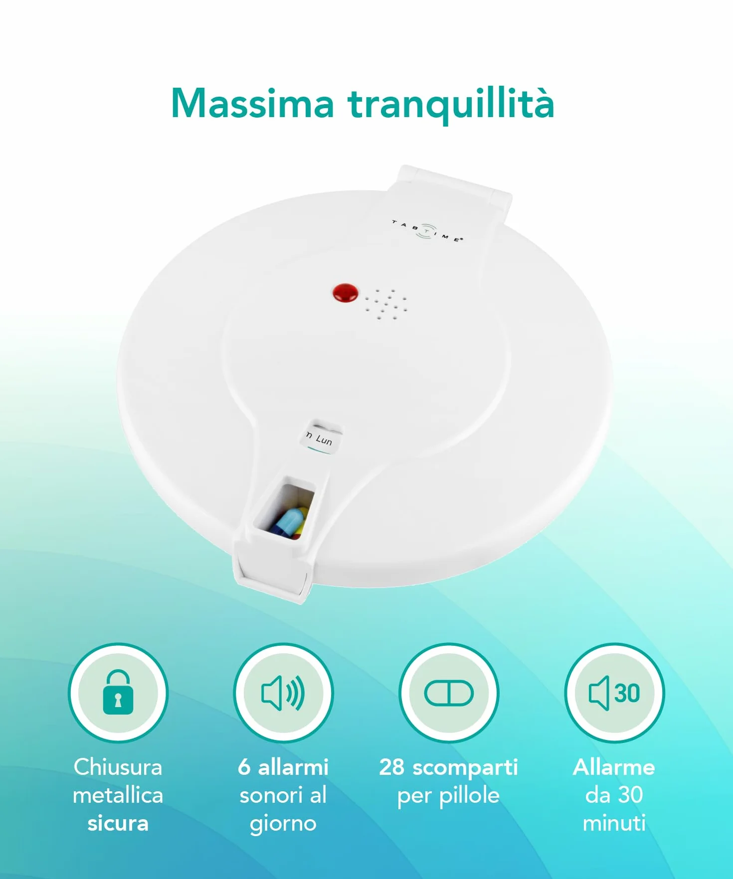 TabTime Dispenser automatico per pillole con coperchio fisso bloccabile, 6 allarmi al giorno