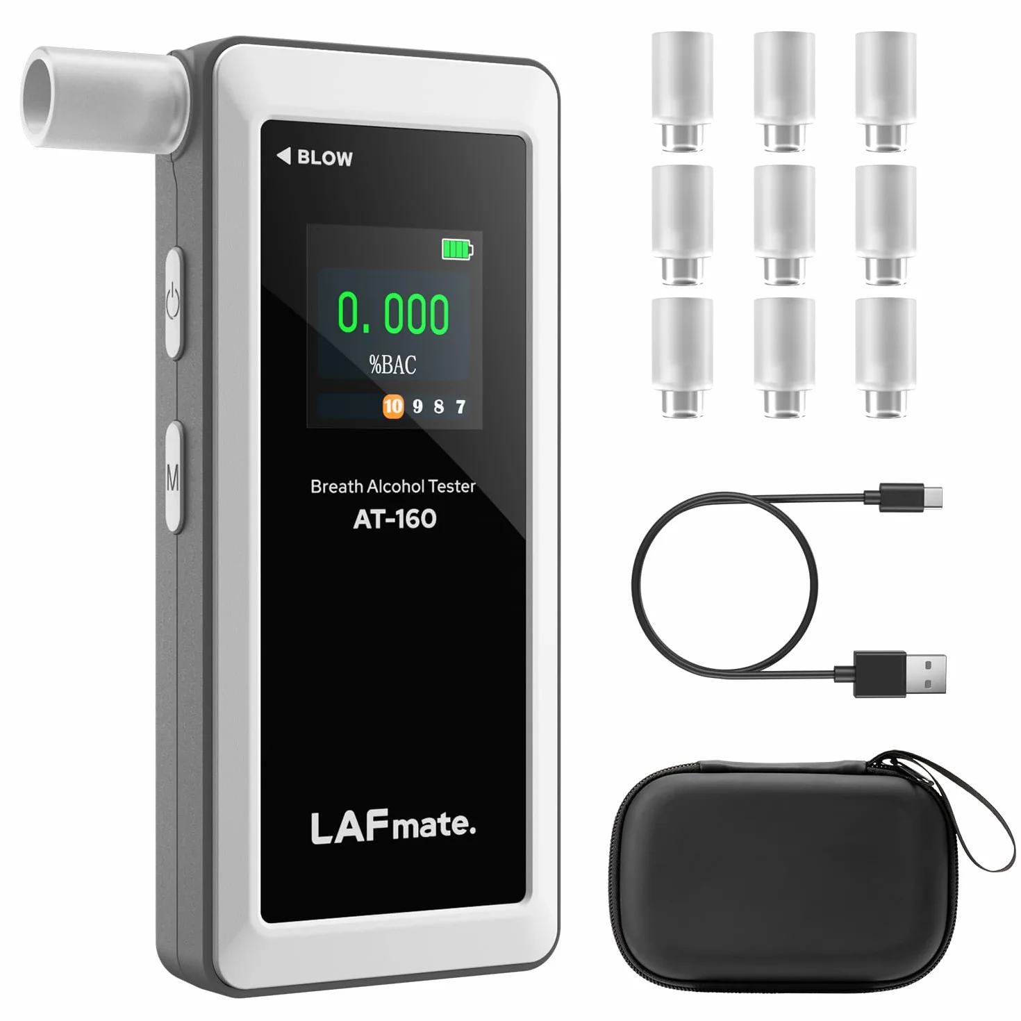 Etilometro AT-160, Alcolometro ad Alta Precisione con Impostazioni della Soglia di Allarme, Alcol Tester con Display Digitale LCD, Archiviazione Dati, 10 Bocchini - per Uso Domestico