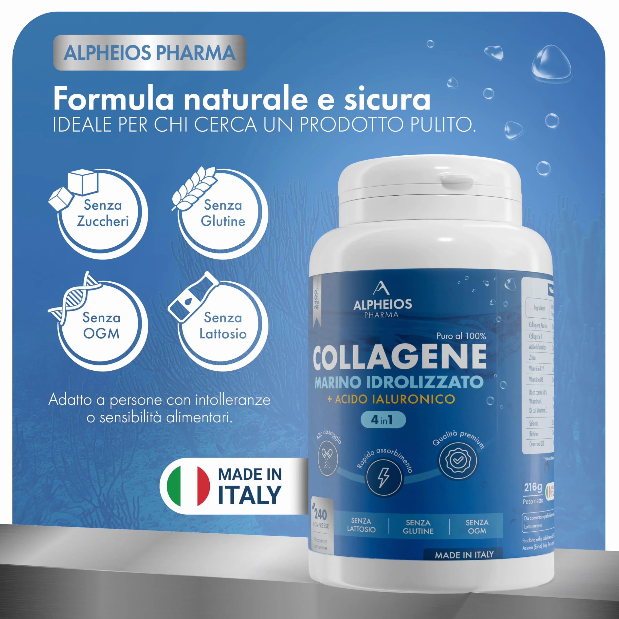 Collagene Marino con Acido Ialuronico 240 Compresse 2400mg Integratore Biotina Zinco Selenio Vitamina C Coenzima Q10