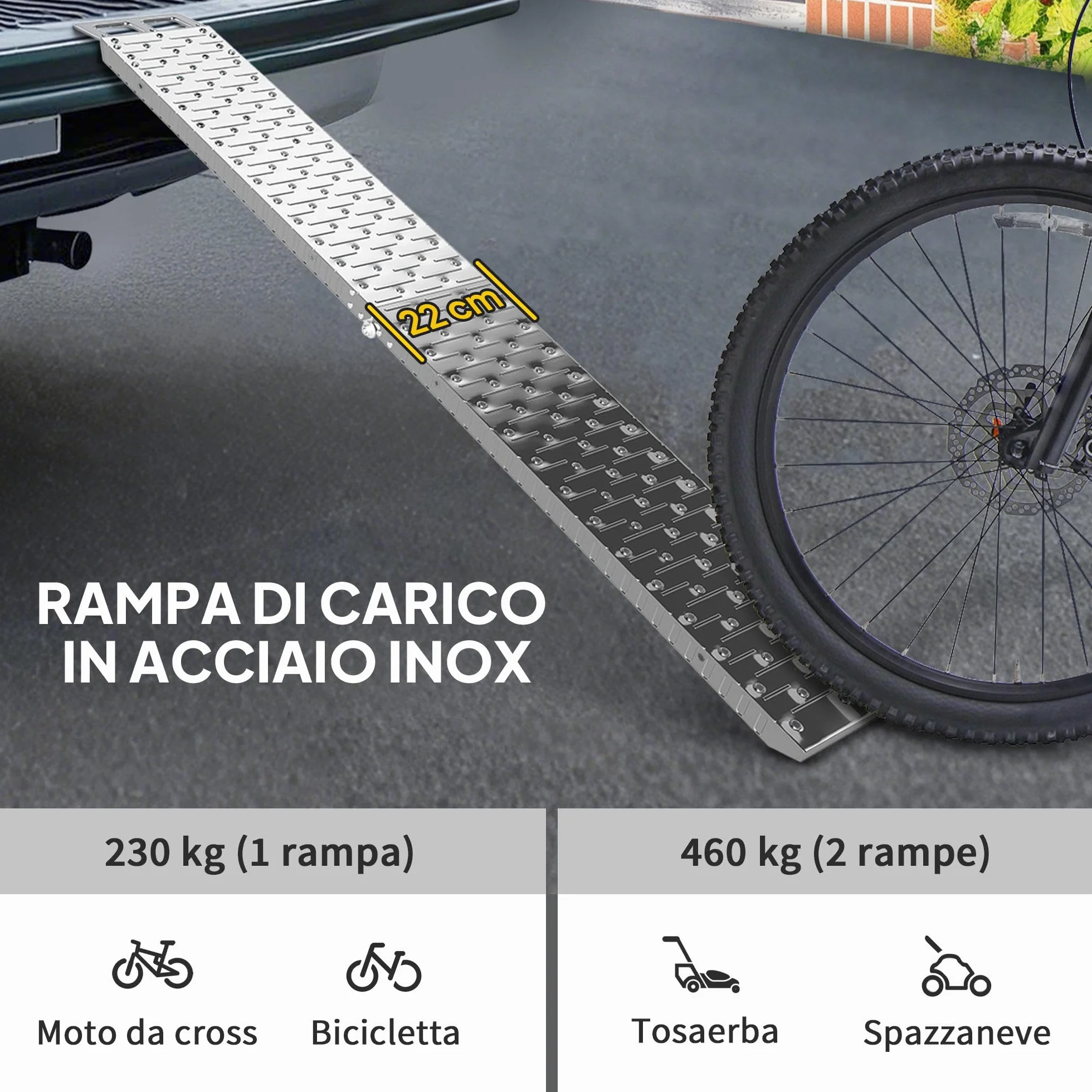 HOMCOM Rampa di Carico Pieghevole in Acciaio con Carico Massimo 230 kg, Rampa per Moto Antiscivolo Salvaspazio per Ruote Larghe 22 cm, per Motociclette e Bici, 190x22x8 cm, Argento