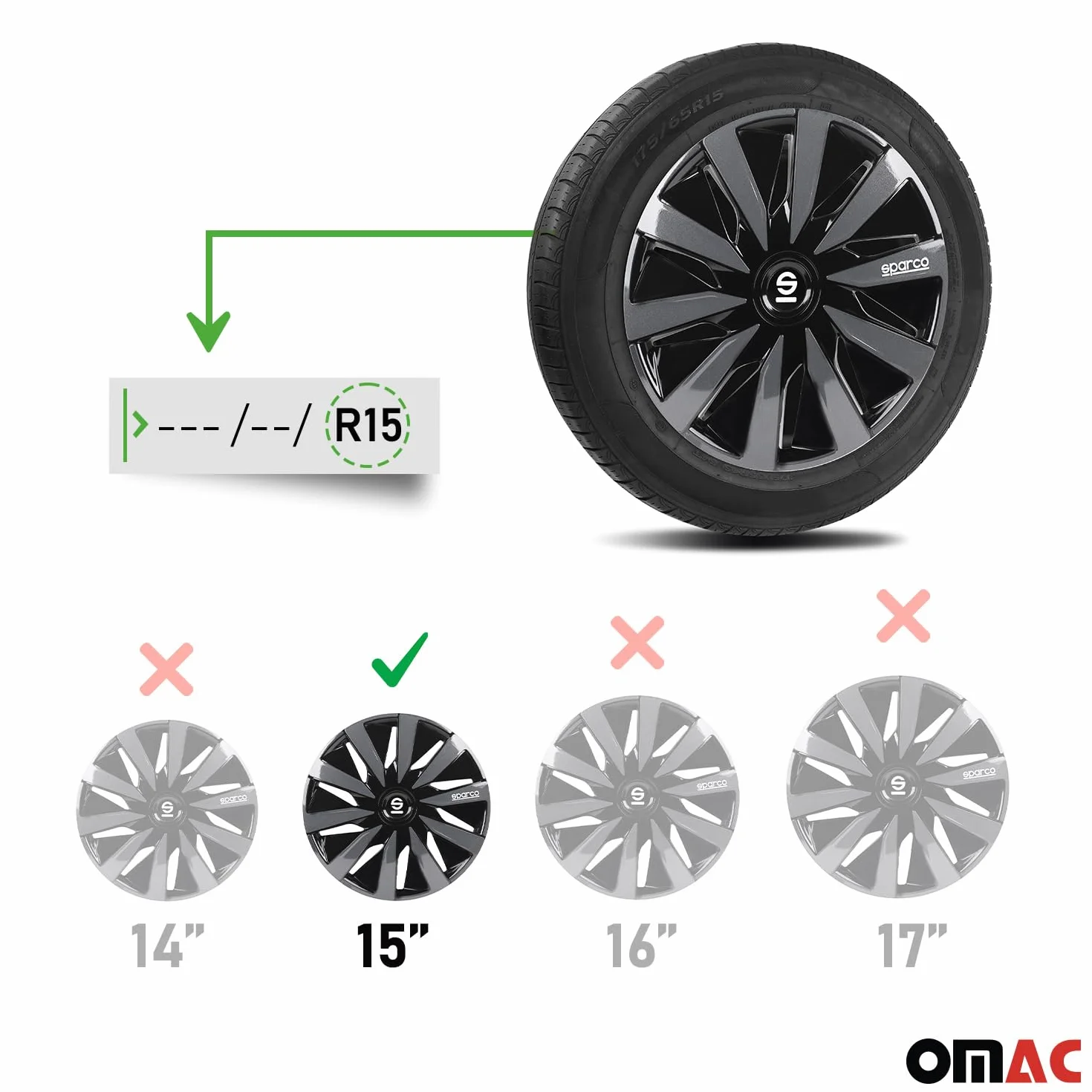 Sparco Set 4 copricerchi 15" pollici copriruota auto nero grigio