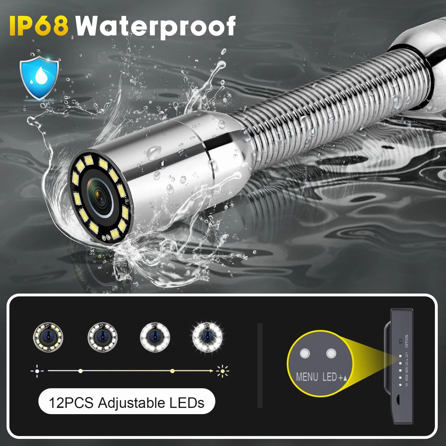 Telecamera Ispezione Tubi con DVR, Endoscopio Industriale 4,3 Pollici IP68 Impermeabile 12 LED