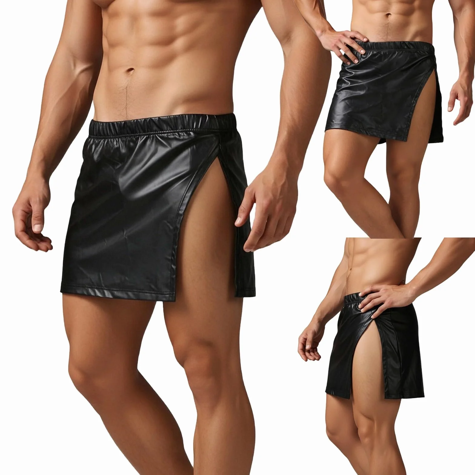 Gonna uomo pelle sintetica spacco laterale aderente vita bassa elastica sexy San Valentino