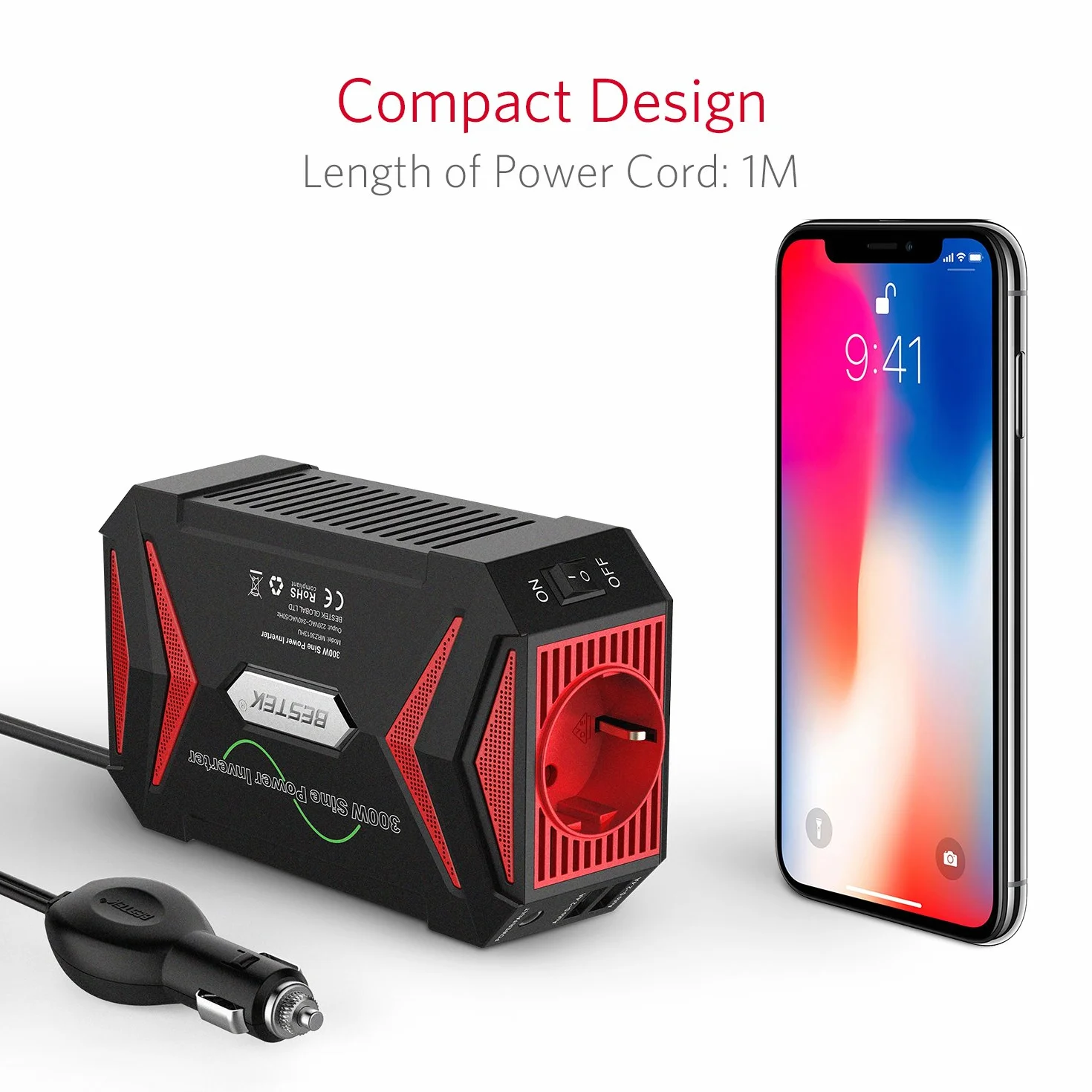 BESTEK Inverter da Auto Onda Pura 300W 12V a 220V con 2 Porte USB Multi Protezioni e Soft Start