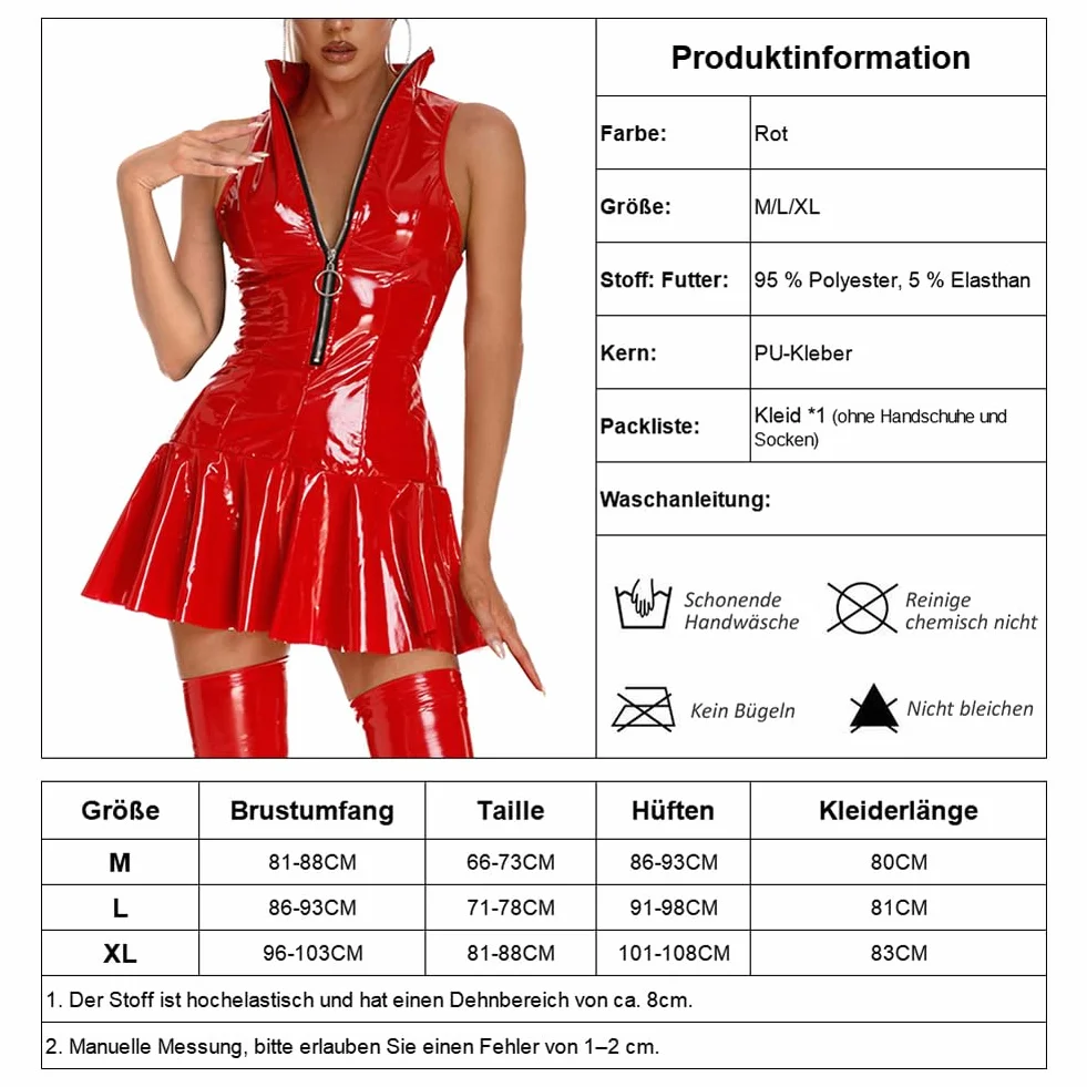 Abito da donna effetto bagnato in pelle laccata senza maniche con chiusura lampo anteriore gonna a pieghe slim fit rosso