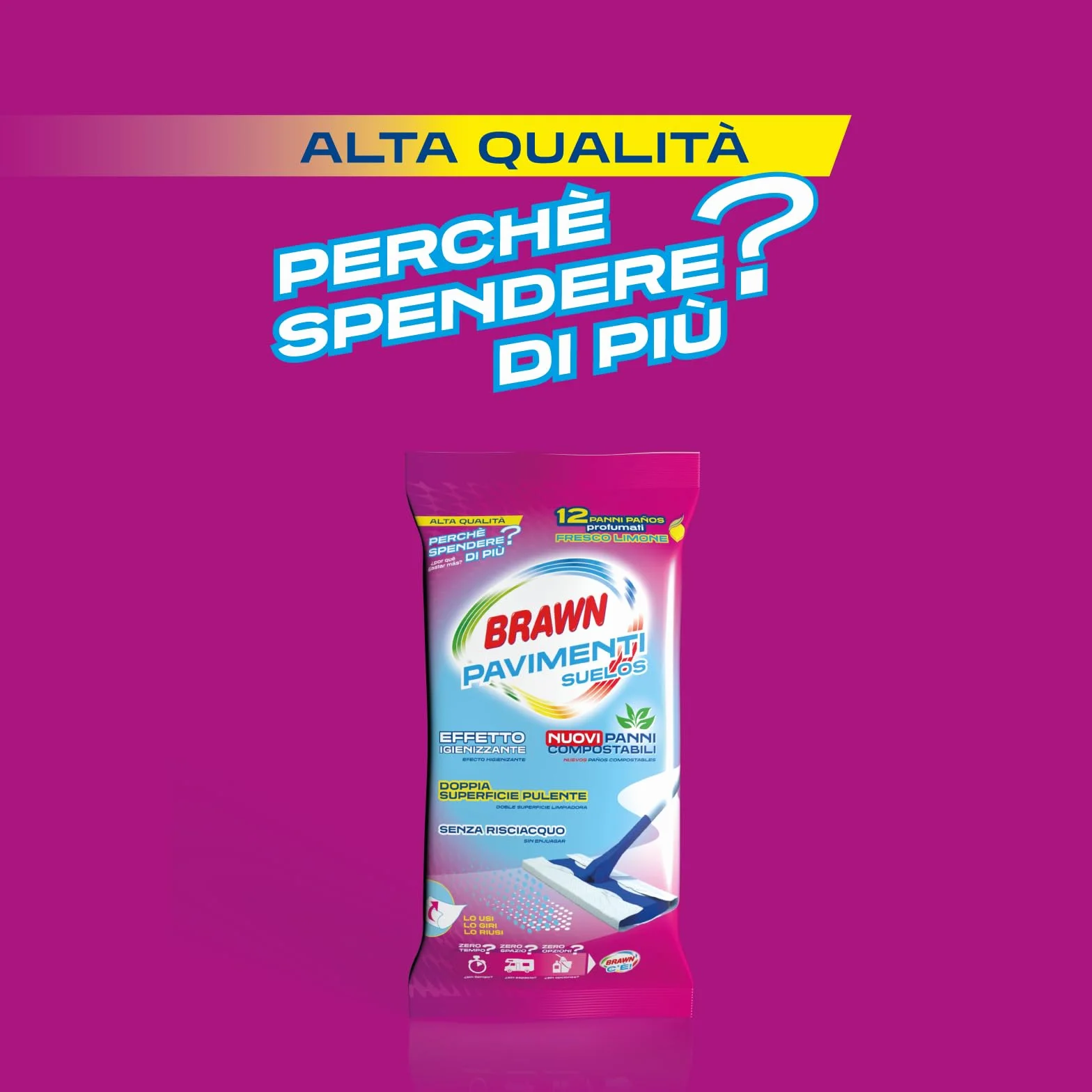 Brawn Pavimenti Panni Lavapavimenti Effetto Igienizzante oli Essenziali Eucalipto Vaniglia Doppia Superficie Pulente Senza Risciacquo 12 panni