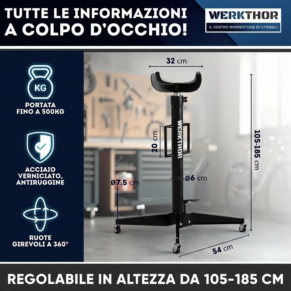 WERKTHOR Sollevatore per ingranaggi 500 kg idraulico regolabile 113-195 cm motore officina arrotolabile 4 ruote pedale nero