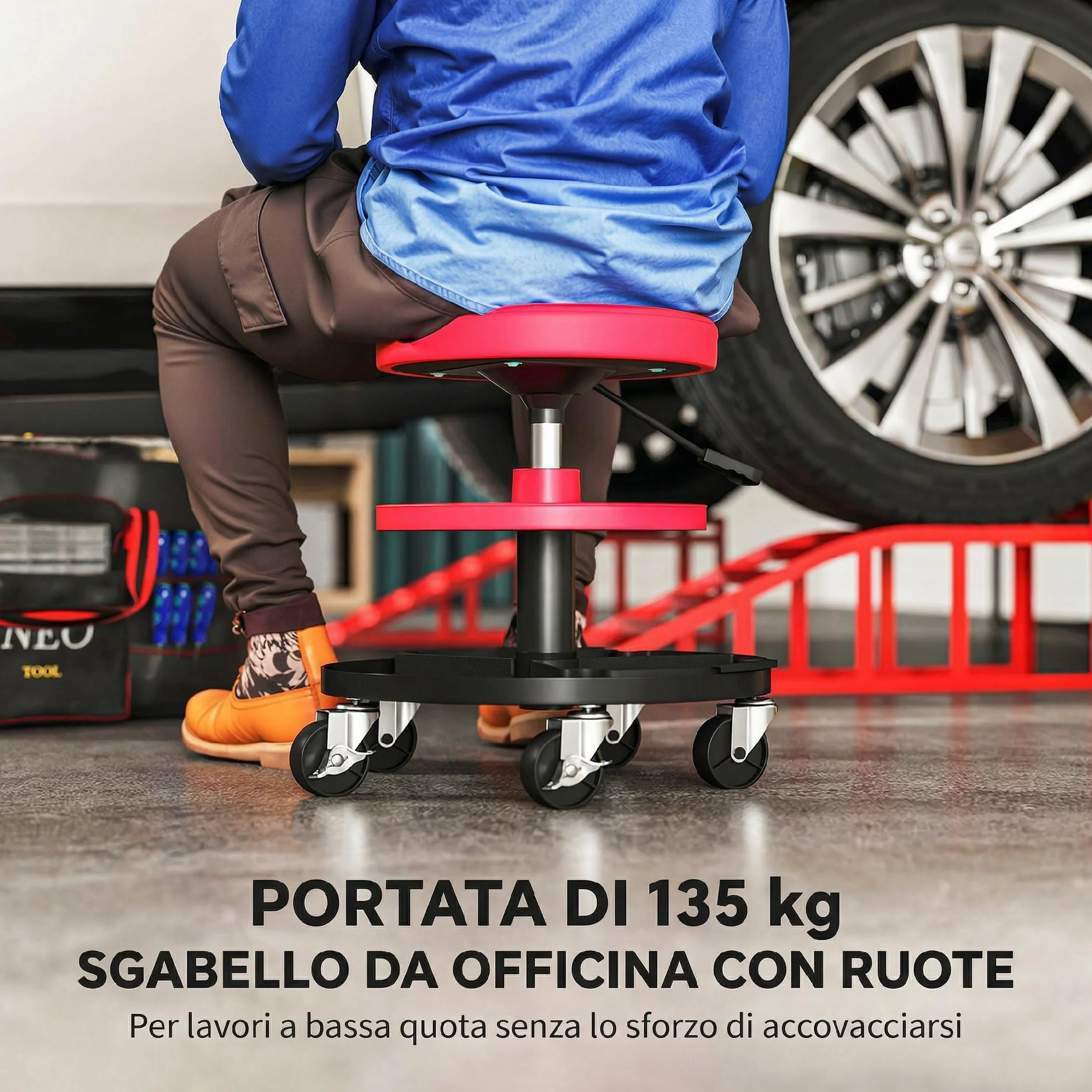 HOMCOM Sgabello da Officina con Ruote, Altezza Regolabile 40-51 cm, Sedile Imbottito, Capacità 135 kg, Rosso