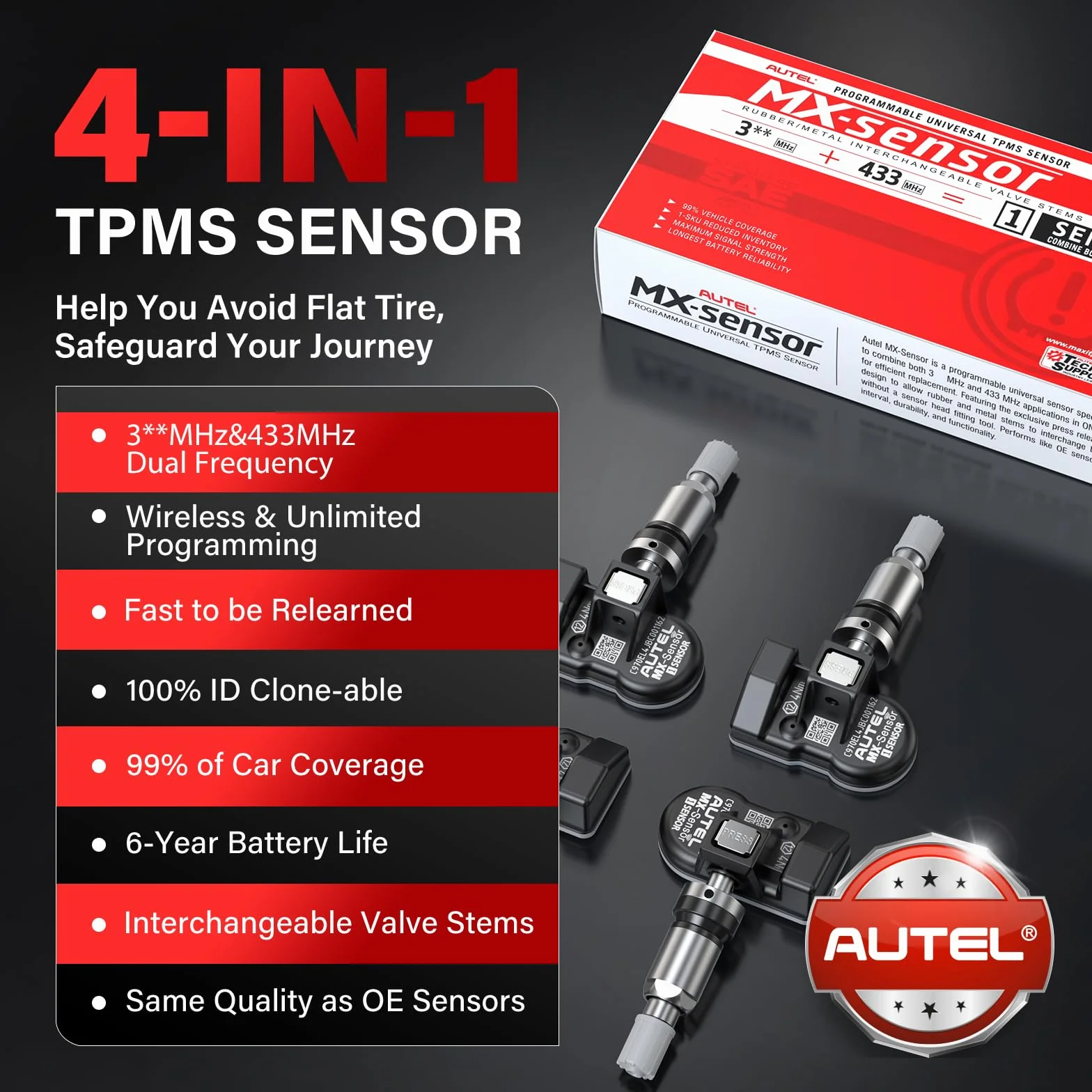 Autel TPMS Sensore MX-Sensor, Doppia Frequenza, Sensore TPMS per 98% Delle Auto, Funziona con TS408S TS508WF TS601 TS501 Pro, 100% Sensore TPMS Programmabile e Clonabile (Valvola in Metallo, 4 Pezzi)