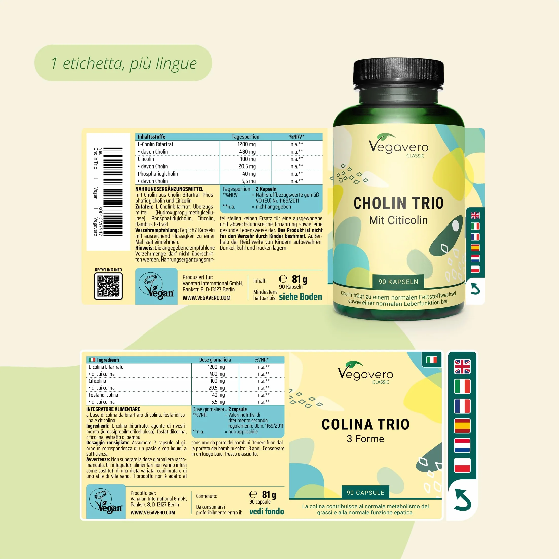 Vegavero® Colina Trio Bitartrato + Citicolina + Fosfatidilcolina per Fegato e Metabolismo Vegano