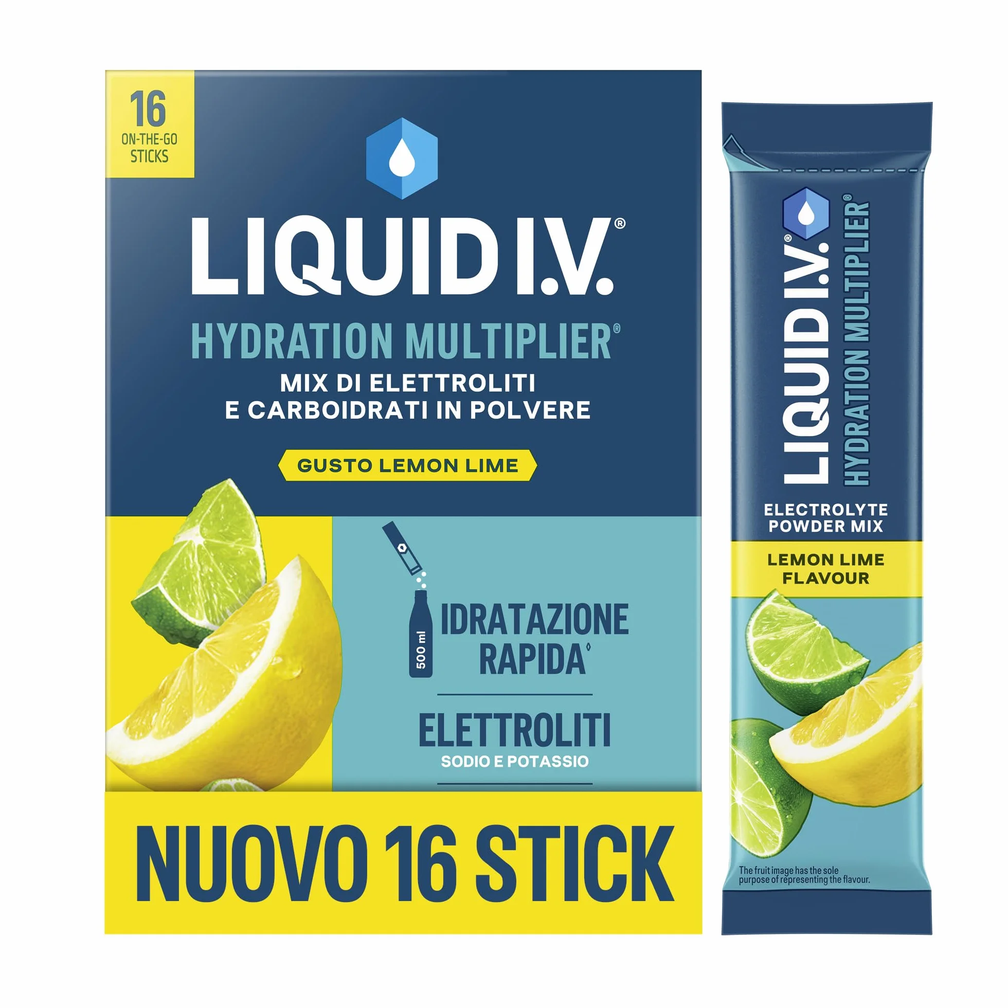 Liquid I.V. 16 stick Integratore Elettroliti Idratazione Rapida Sodio Potassio Vitamine B3 B5 B6 B12 C Lemon Lime Vegano Senza Glutine