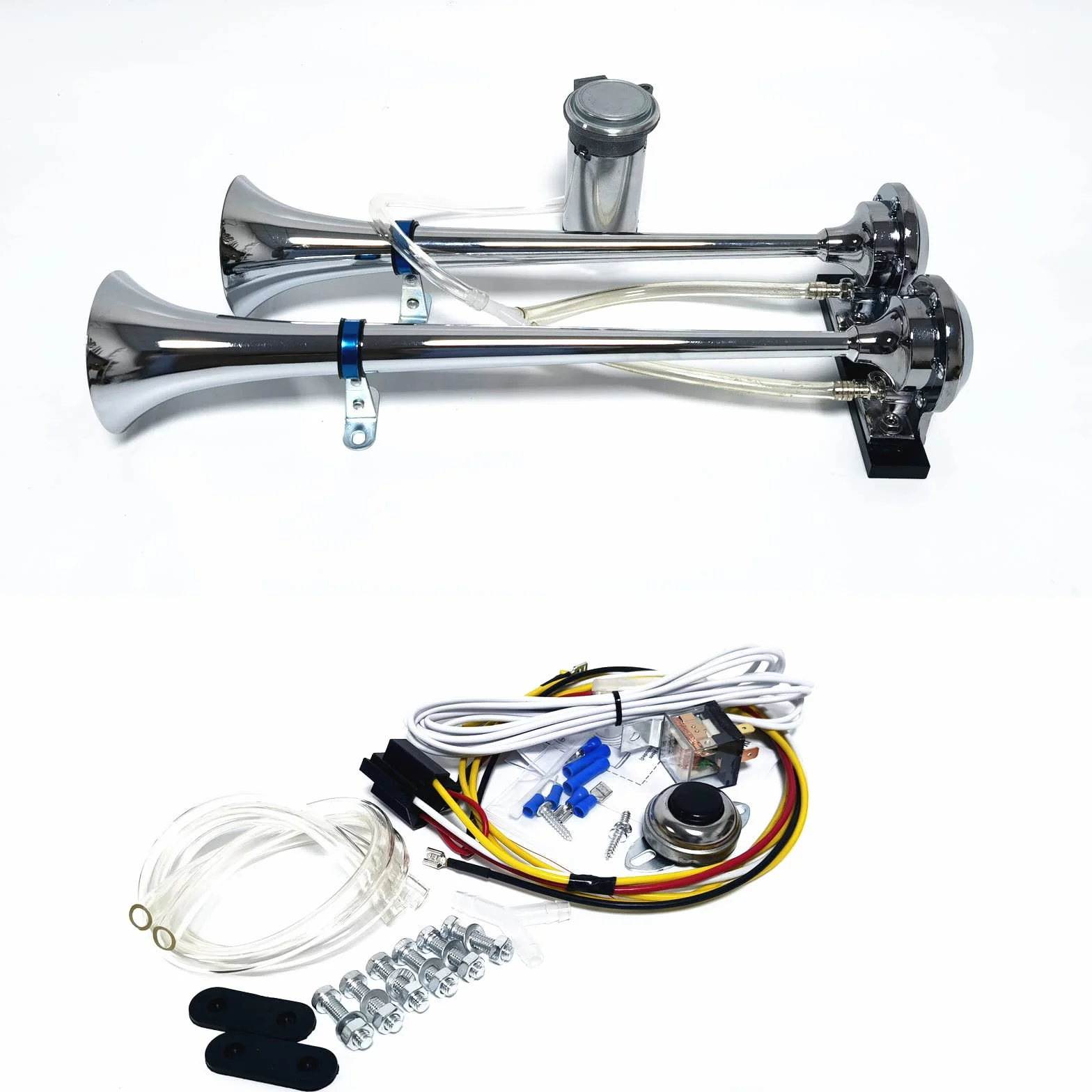 Tromba d'aria 12V Altoparlante argento 165db Staffa a fascia per avvisatore acustico per camion Tromba a doppio tubo in zinco cromato con clacson della pompa dell'aria Horn per 12V auto SUV ecc