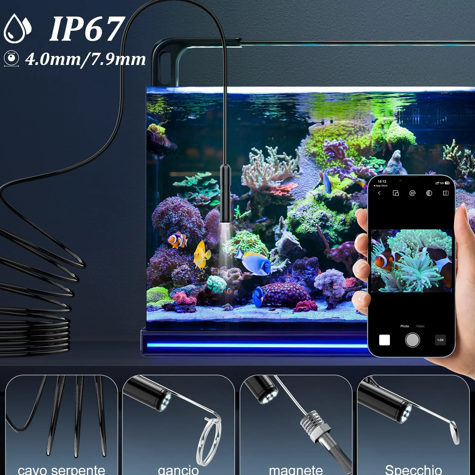 Endoscopio per Smartphone 1920P HD IP67 Sonda Impermeabile 8 LED Cavo Semirigido 10 m Android iOS