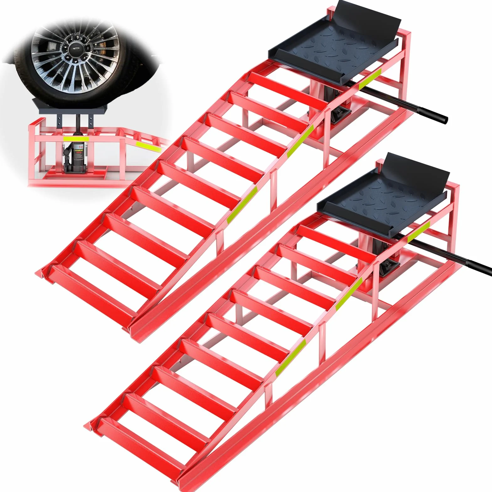 LARBANKE 2 Pezzi Rampe di Carico Idrauliche da 5 Ton, Rampe per Auto con Strisce Riflettenti, altezza regolabile da 24,9 a 38,1 cm, Ponte Sollevatore per Cambio Olio e Garage