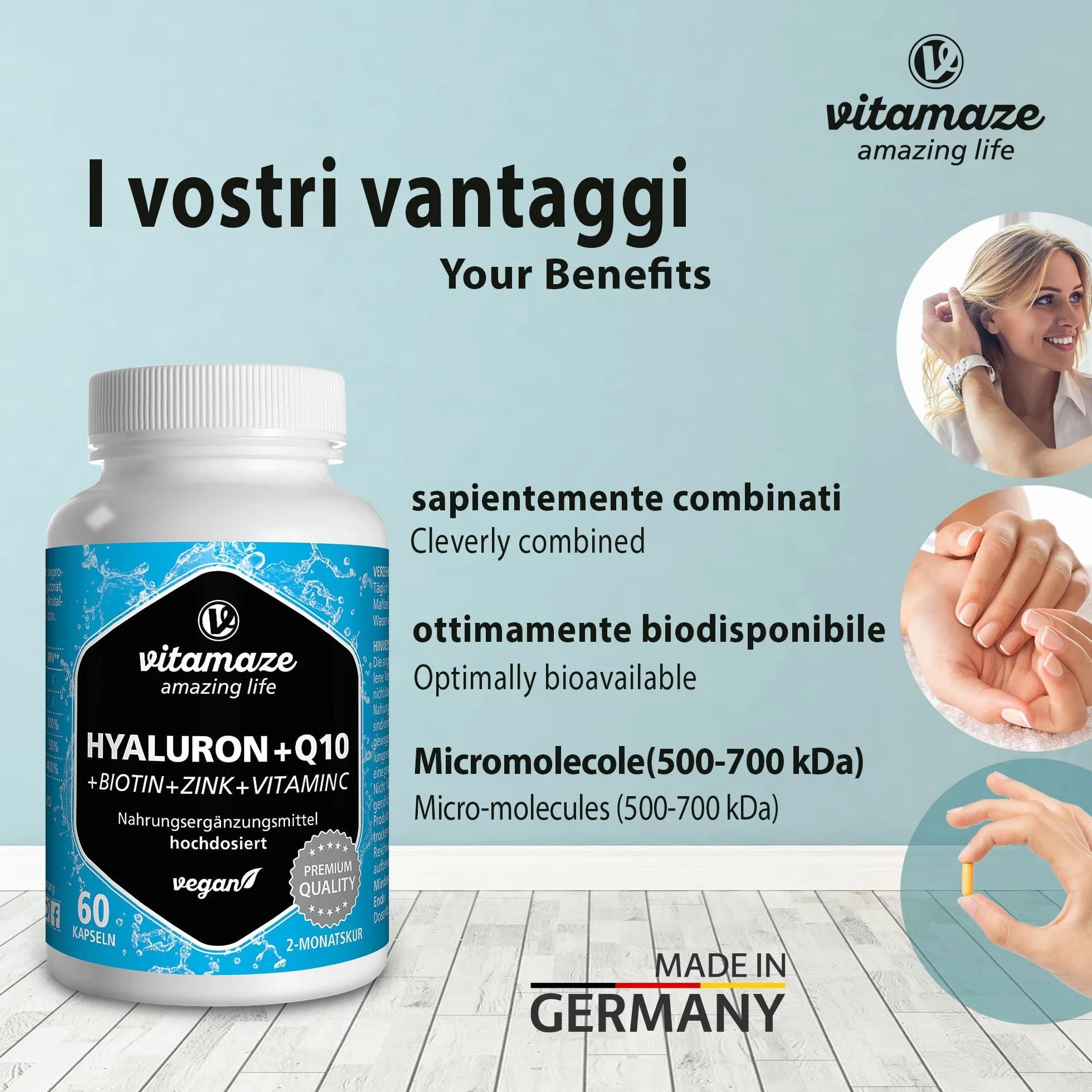 Acido Ialuronico ad Alto Dosaggio Puro + Coenzima Q10 Capsule Vegan 500-700 kDa Integratore Alimentare