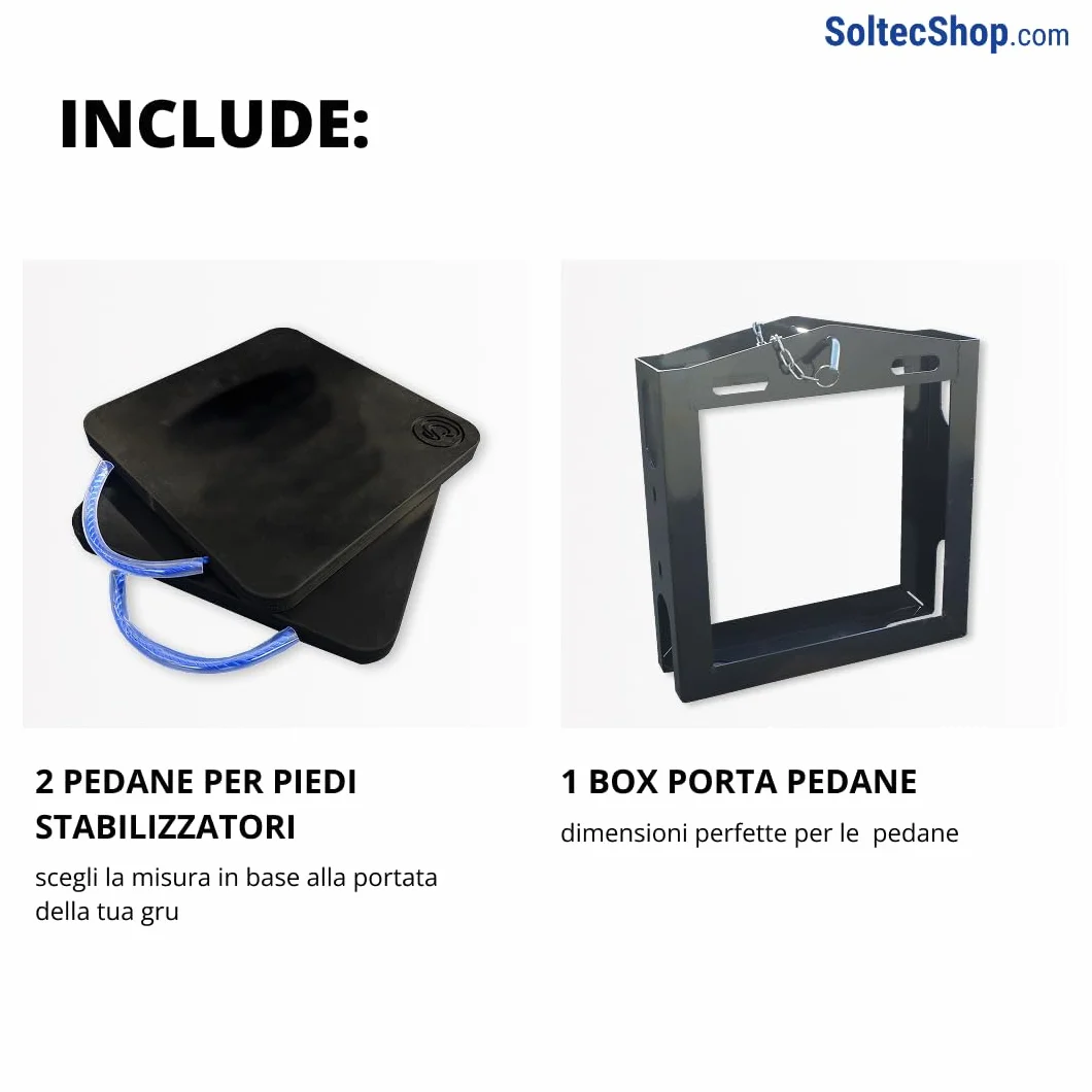 Coppia di pedane per piedi stabilizzatori gru 40x40x5 cm e box per trasporto, piastre per gru e gabbia in acciaio con chiusura di sicurezza