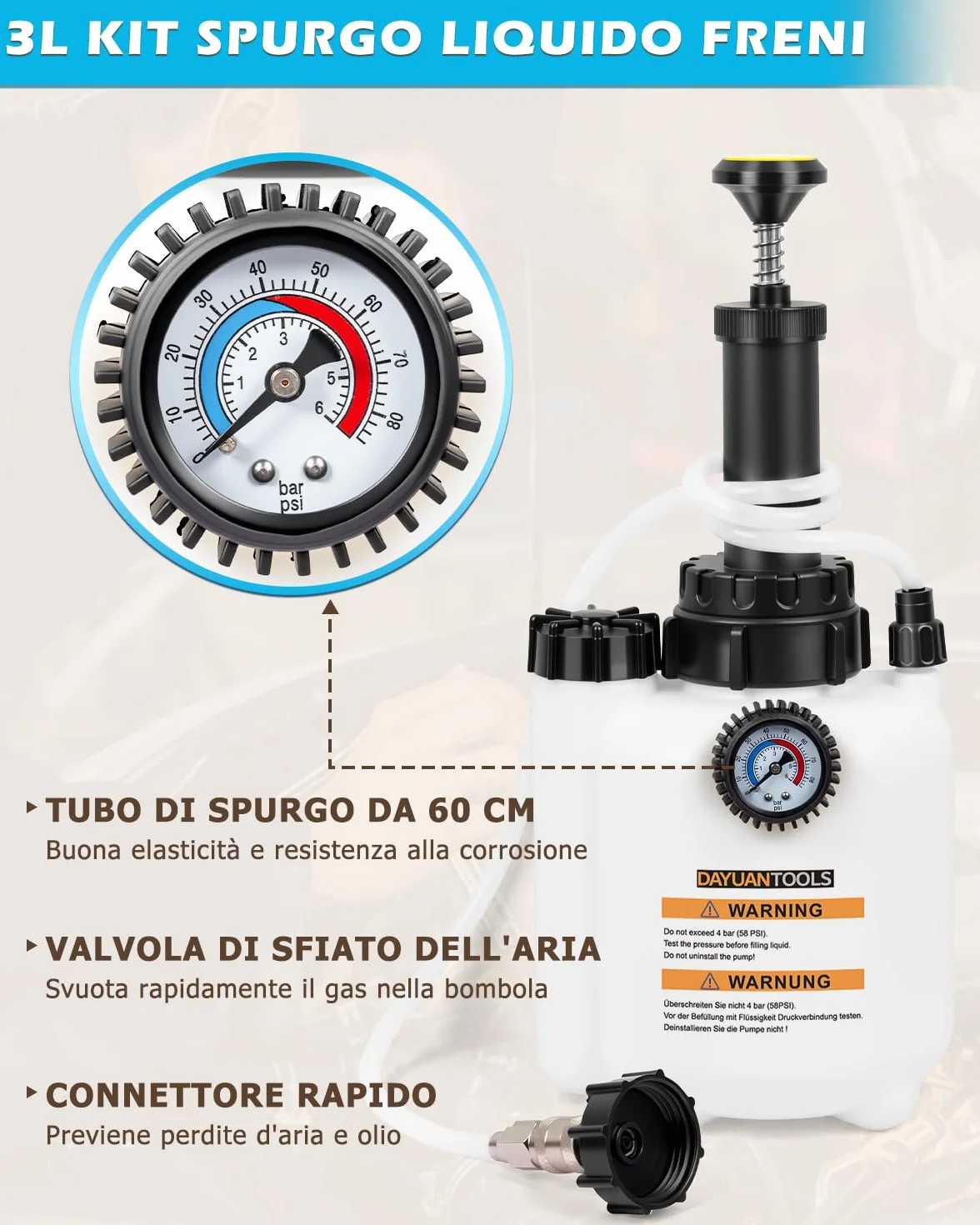 DAYUAN Spurgo Freni 3L Auto Cambio Liquido Freni con Contenitore 1L Aspirazione E20 ø43mm