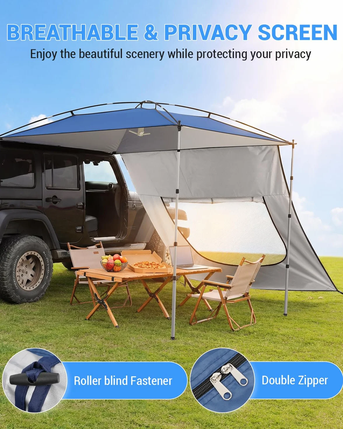 SUPAREE Tenda da Sole per Auto Tendalino Laterale per Auto Tendalino Camper per Parasole con Pali Rimovibile e Finestra con Zanzariera Protezione UV Impermeabile per SUV Camper Furgone Van