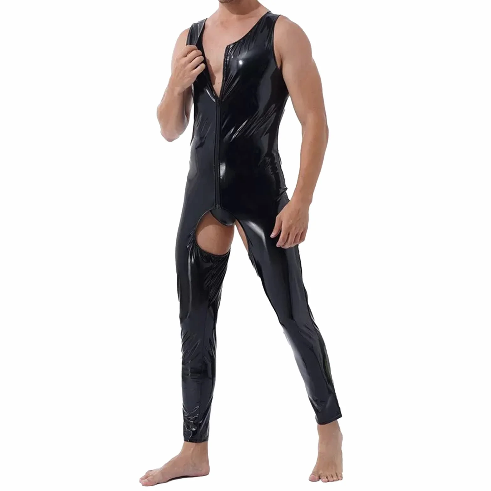 Mężczyzna Lattice Catsuit Tuta z Lateksu Slim Fit Błyszczący Lakkierowany Skórzany Strój na Imprezę Clubwear