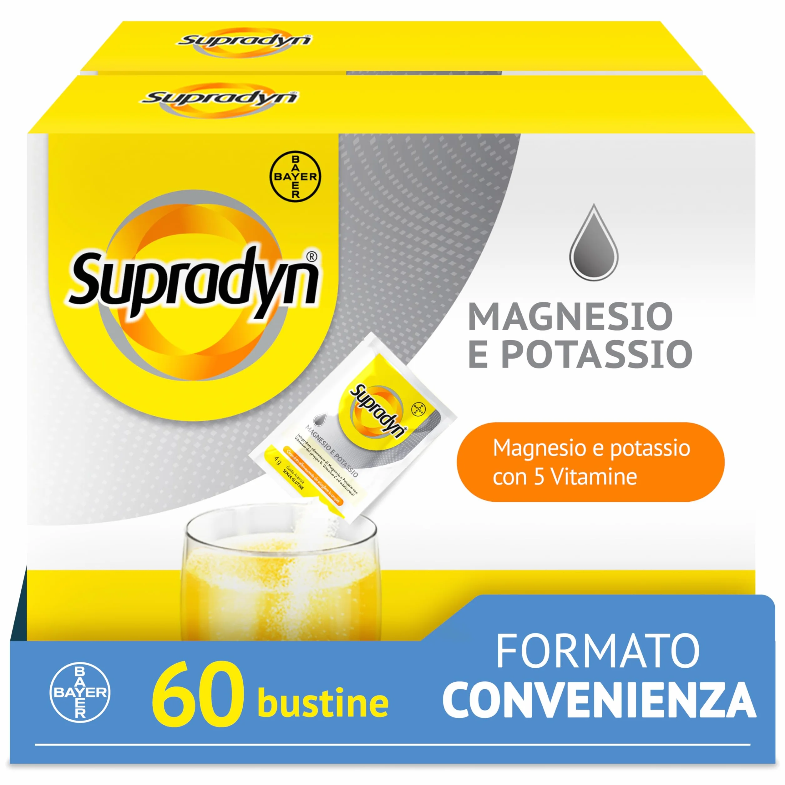 Supradyn Magnesio e Potassio Integratore Multivitaminico 60 Bustine Effervescenti Senza Zucchero Gusto Arancia