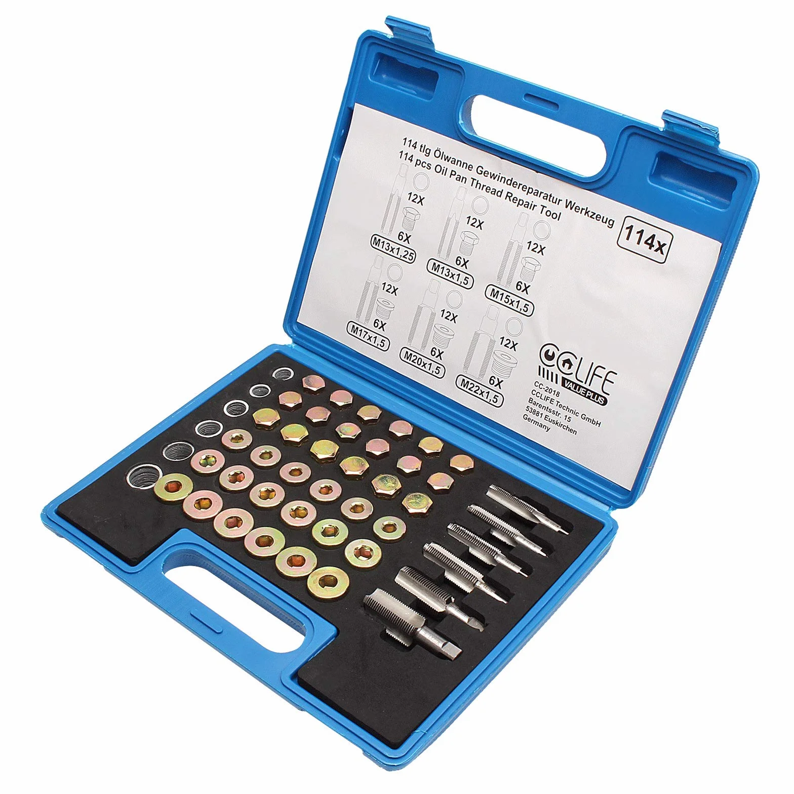 CCLIFE 114 Pezzi Kit Riparazione Filettatura Auto M13-M22 Coppa Olio
