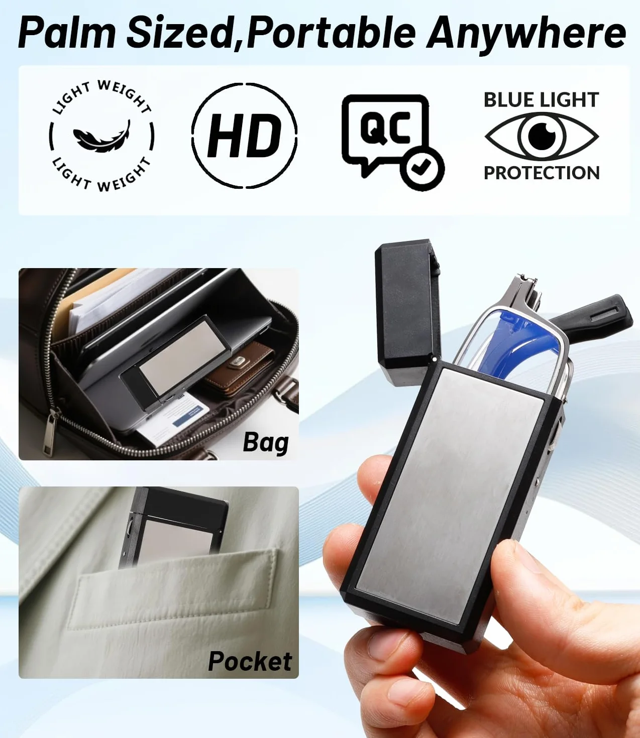 Hubeye Occhiali da lettura Pieghevole in Acciaio inox Anti luce blu 2.00 con Cerniela a molla e Scatola in metallo