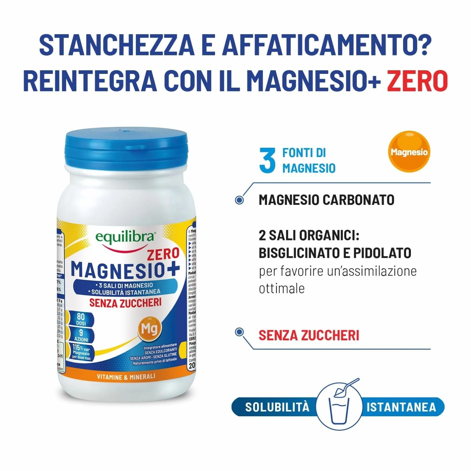 Equilibra Magnesio+ Zero Integratore Magnesio 200 g Carbonato Bisglicinato Pidolato Solubilità Istantanea