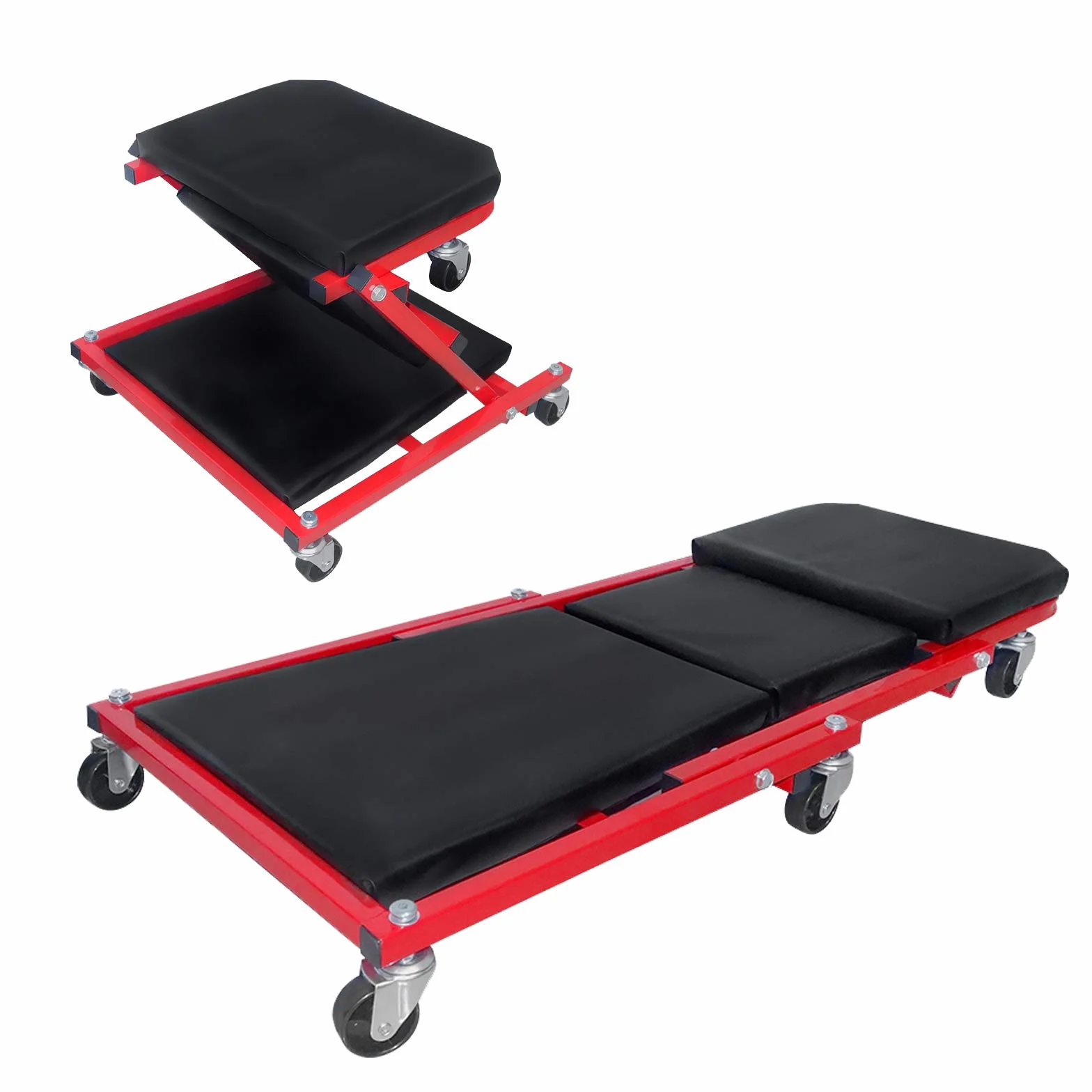 Froadp Sgabelli da Officina 2 in 1 Pieghevole con Cuscino Morbido, 6 Ruote Girevoli 360°, Portata 150 kg, 92x44x12 cm